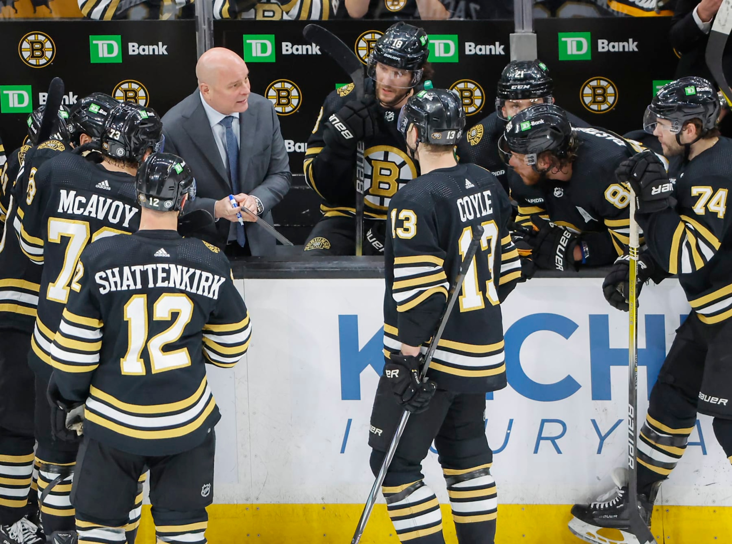 Boston, MA - April 16: Boston Bruins head coach Jim Montgomery drawing up a play in the third period. (Photo by Matthew J. Lee/The Boston Globe via Getty Images)