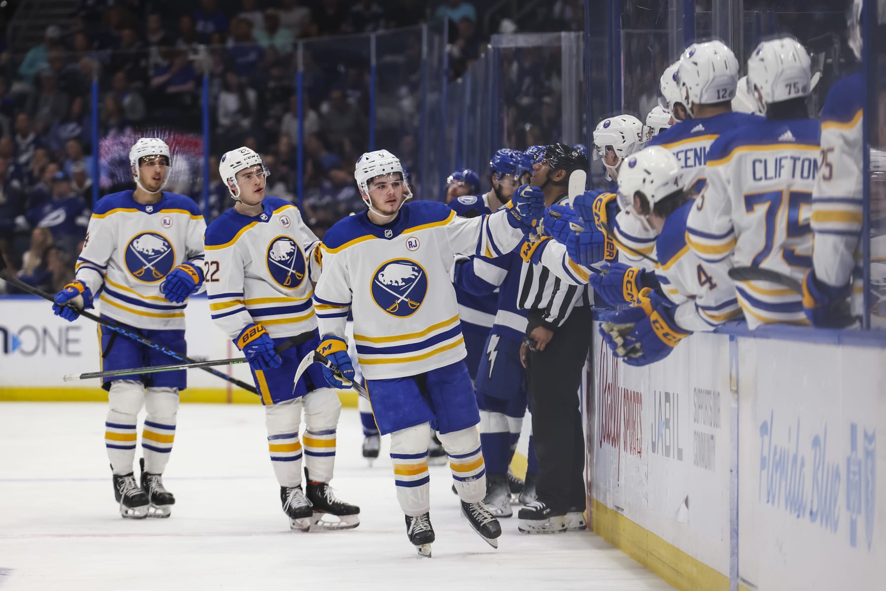 TAMPA, FL - APRIL 15: Zach Benson #9 of the Buffalo Sabres celebrates a goal against the Tampa Bay Lightning during the third period at Amalie Arena on April 15, 2024 in Tampa, Florida. (Photo by Mark LoMoglio/NHLI via Getty Images)
