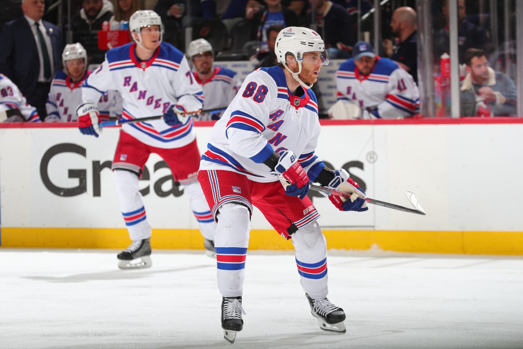 NEWARK, NJ - MAY 01: Patrick Kane #88 of the New York Rangers skates in the second period of Game Seven of the First Round of the 2023 Stanley Cup Playoffs against the New Jersey Devils at the Prudential Center on May 1, 2023 in Newark, New Jersey.  (Photo by Rich Graessle/NHLI via Getty Images)