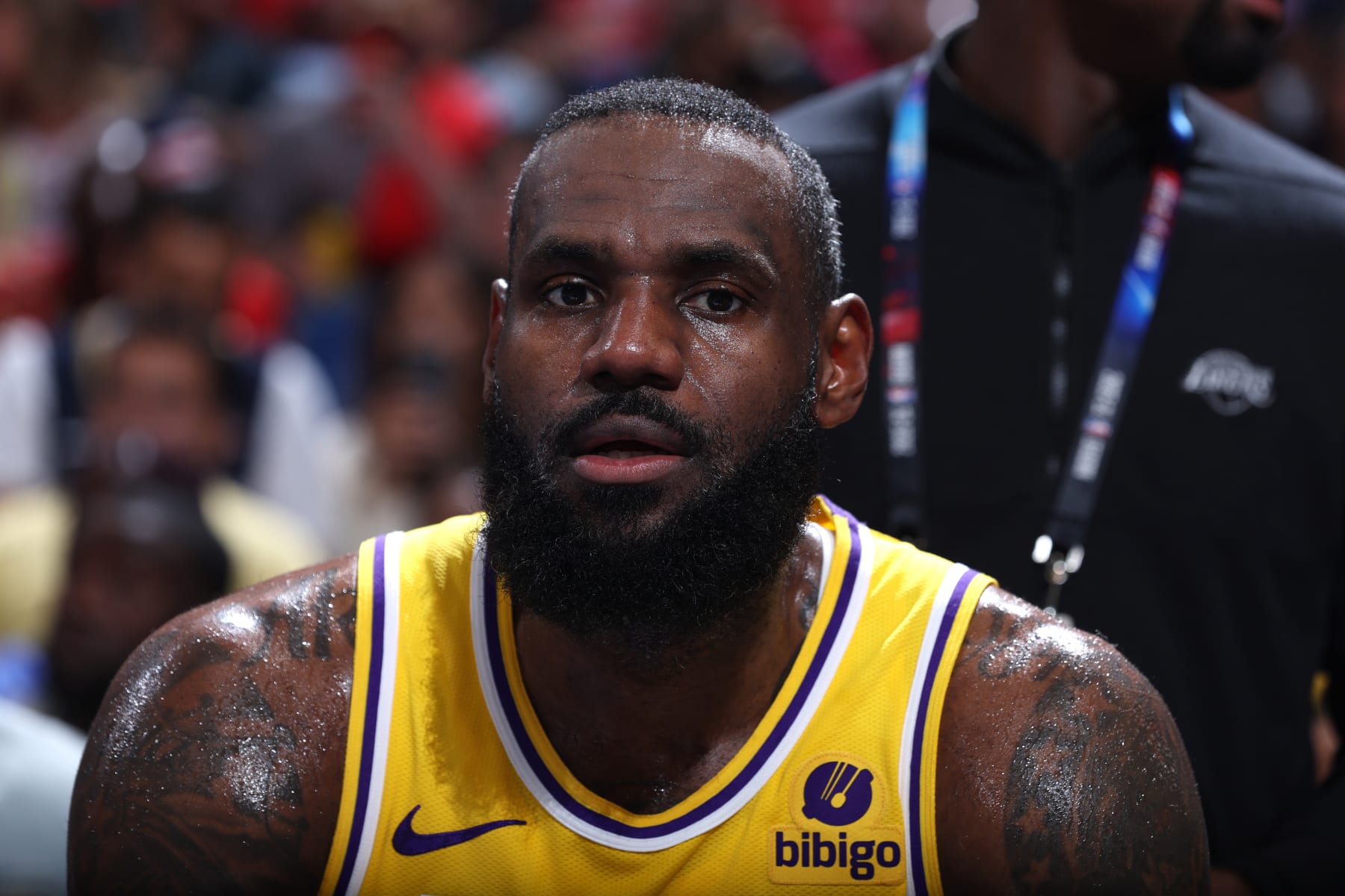 NEW ORLEANS, LA - APRIL 16: LeBron James #23 of the Los Angeles Lakers looks on during the game against the New Orleans Pelicans during the 2024 Play-In Tournament on April 16, 2024 at the Smoothie King Center in New Orleans, Louisiana. NOTE TO USER: User expressly acknowledges and agrees that, by downloading and or using this Photograph, user is consenting to the terms and conditions of the Getty Images License Agreement. Mandatory Copyright Notice: Copyright 2024 NBAE (Photo by Jeff Haynes/NBAE via Getty Images)