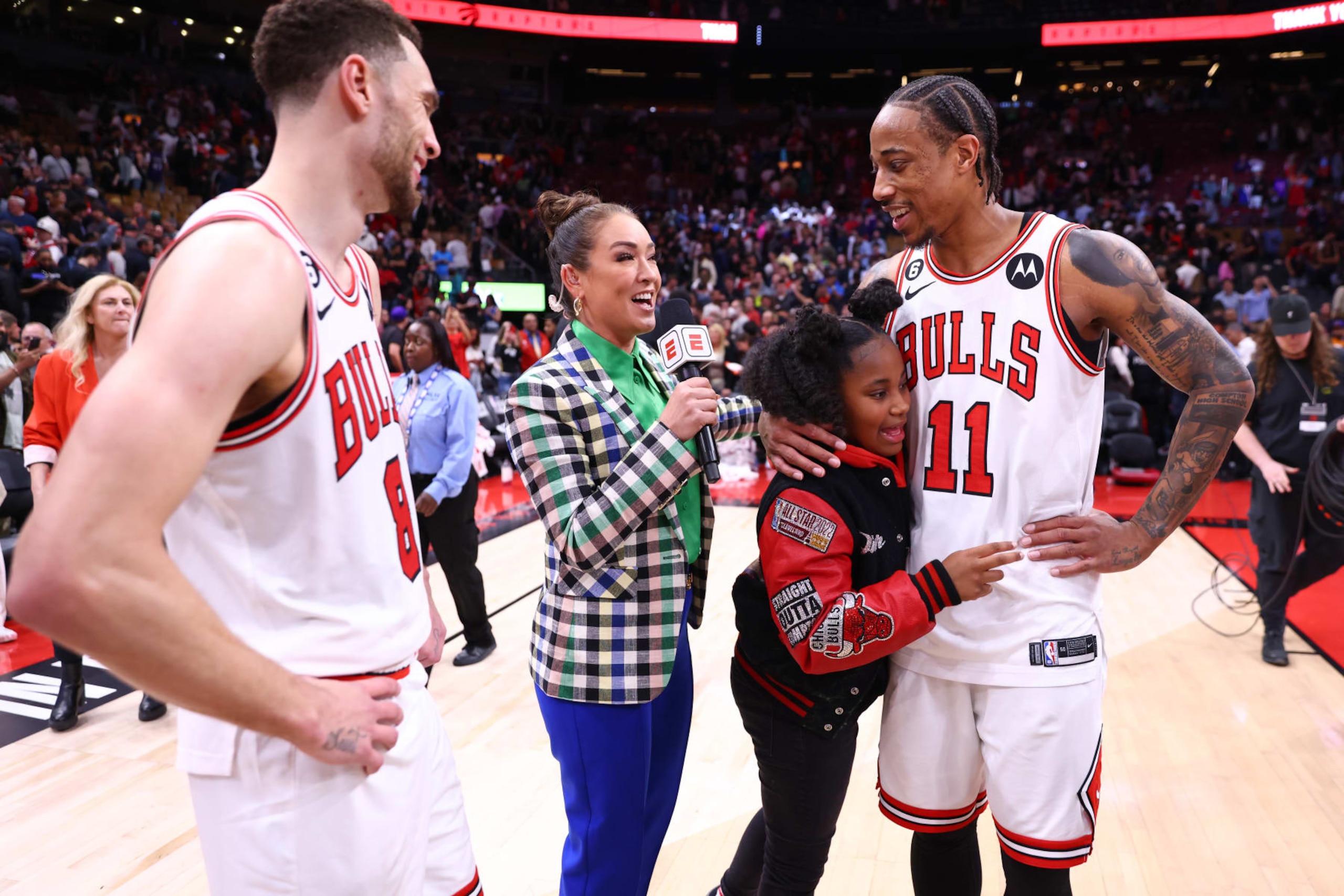 TORONTO, CANADA - APRIL 12: Cassidy Hubbarth interviews Zach LaVine #8 and DeMar DeRozan #11 of the Chicago Bulls and Diar DeRozan after the game against the Toronto Raptors during the 2023 Play-In Tournament on April 12, 2023 at the Scotiabank Arena in Toronto, Ontario, Canada. NOTE TO USER: User expressly acknowledges and agrees that, by downloading and or using this Photograph, user is consenting to the terms and conditions of the Getty Images License Agreement. Mandatory Copyright Notice: Copyright 2023 NBAE (Photo by Vaughn Ridley/NBAE via Getty Images) TORONTO, CANADA - APRIL 12: Cassidy Hubbarth interviews Zach LaVine #8 and DeMar DeRozan #11 of the Chicago Bulls and Diar DeRozan after the game against the Toronto Raptors during the 2023 Play-In Tournament on April 12, 2023 at the Scotiabank Arena in Toronto, Ontario, Canada. NOTE TO USER: User expressly acknowledges and agrees that, by downloading and or using this Photograph, user is consenting to the terms and conditions of the Getty Images License Agreement. Mandatory Copyright Notice: Copyright 2023 NBAE (Photo by Vaughn Ridley/NBAE via Getty Images)