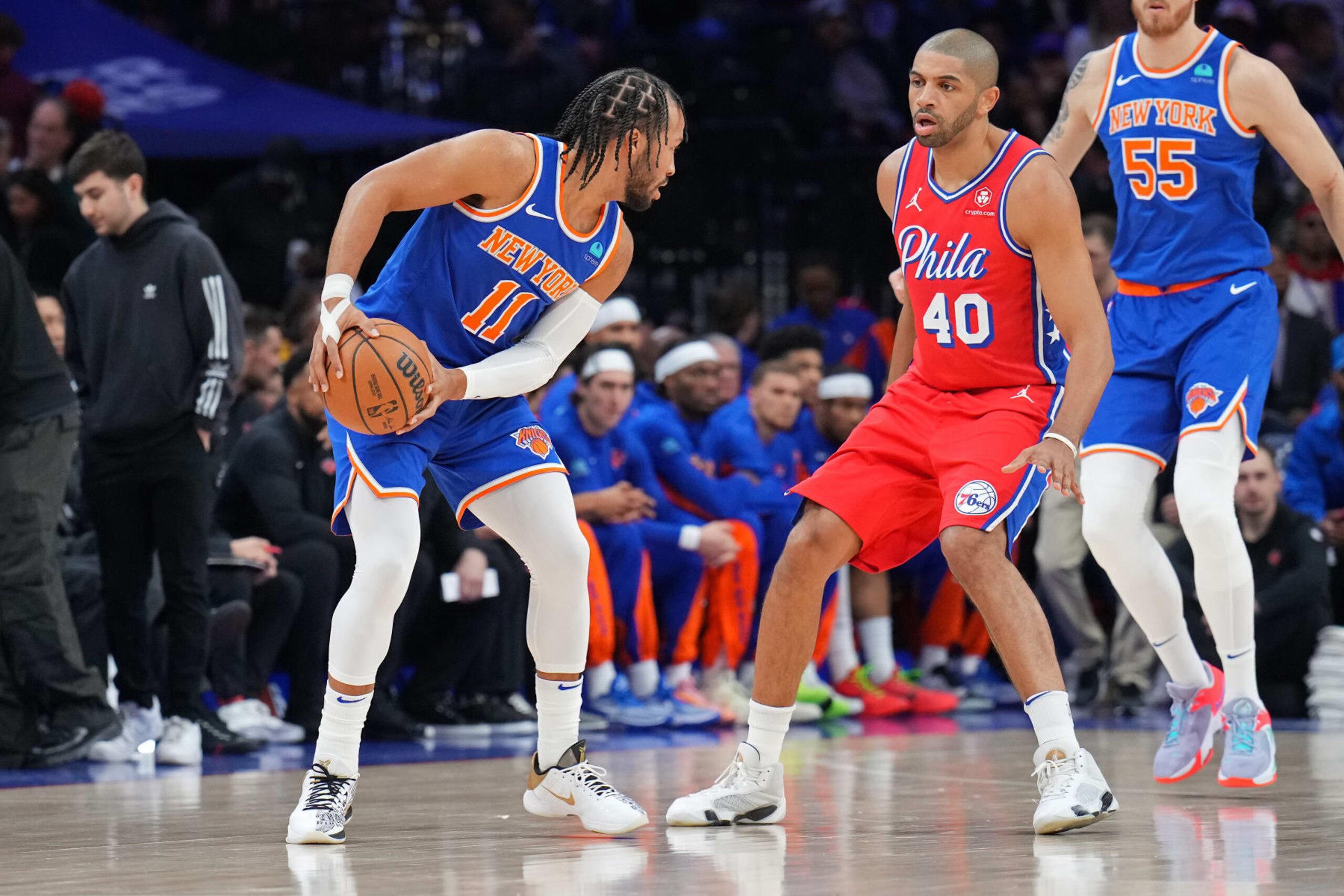 PHILADELPHIA, PA - JANUARY 5: Nicolas Batum #40 of the Philadelphia 76ers plays defense during the game against the New York Knicks on January 5, 2024 at the Wells Fargo Center in Philadelphia, Pennsylvania NOTE TO USER: User expressly acknowledges and agrees that, by downloading and/or using this Photograph, user is consenting to the terms and conditions of the Getty Images License Agreement. Mandatory Copyright Notice: Copyright 2024 NBAE (Photo by Jesse D. Garrabrant/NBAE via Getty Images) PHILADELPHIA, PA - JANUARY 5: Nicolas Batum #40 of the Philadelphia 76ers plays defense during the game against the New York Knicks on January 5, 2024 at the Wells Fargo Center in Philadelphia, Pennsylvania NOTE TO USER: User expressly acknowledges and agrees that, by downloading and/or using this Photograph, user is consenting to the terms and conditions of the Getty Images License Agreement. Mandatory Copyright Notice: Copyright 2024 NBAE (Photo by Jesse D. Garrabrant/NBAE via Getty Images)