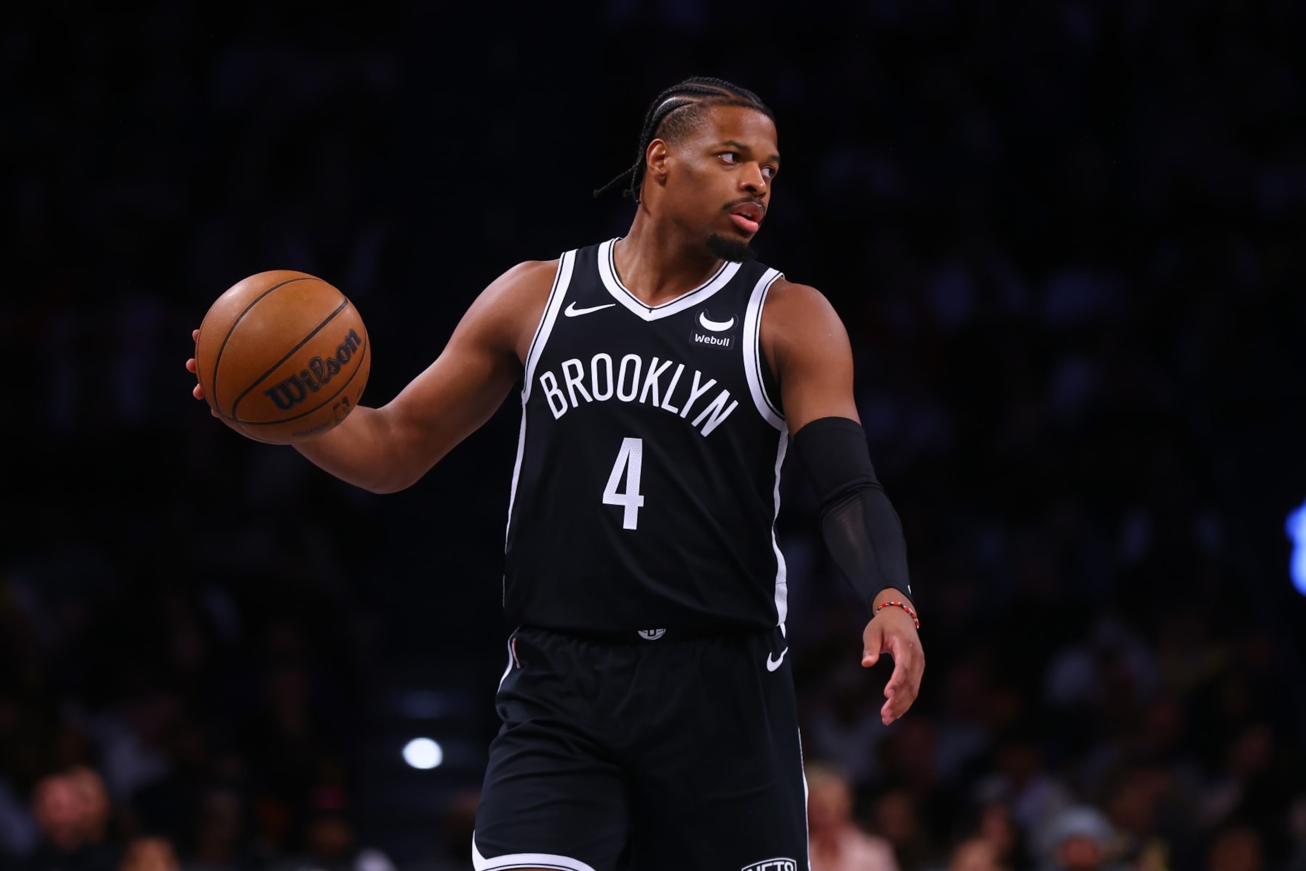 NEW YORK, NEW YORK - MARCH 31: Dennis Smith Jr. #4 of the Brooklyn Nets in action against the Los Angeles Lakers at Barclays Center on March 31, 2024 in New York City. NOTE TO USER: User expressly acknowledges and agrees that, by downloading and or using this photograph, User is consenting to the terms and conditions of the Getty Images License Agreement. Los Angeles Lakers defeated the Brooklyn Nets 116-104. (Photo by Mike Stobe/Getty Images)