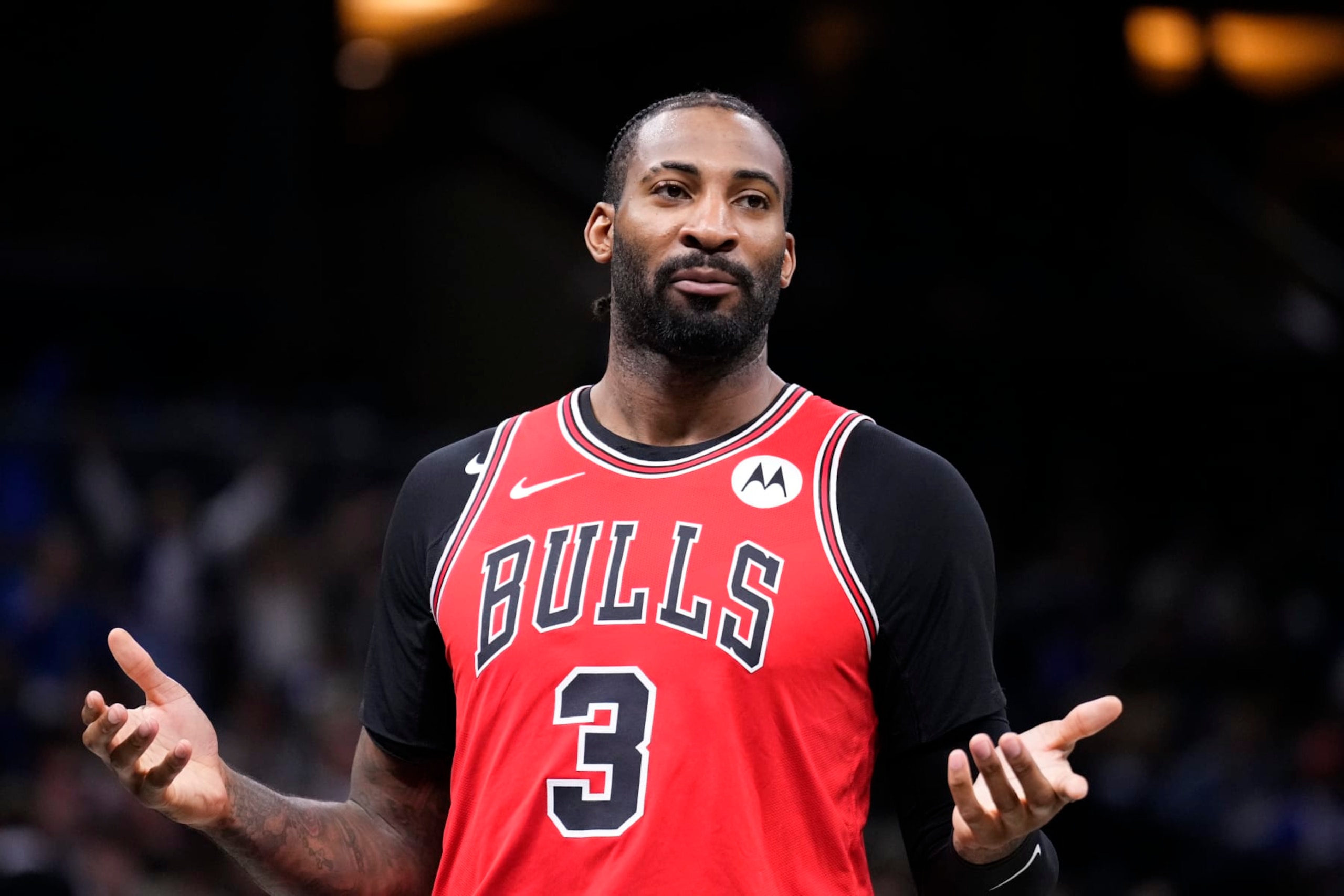 ORLANDO, FLORIDA - APRIL 07: Andre Drummond #3 of the Chicago Bulls reacts against the Orlando Magic during the third quarter at Kia Center on April 07, 2024 in Orlando, Florida. NOTE TO USER: User expressly acknowledges and agrees that, by downloading and or using this photograph, User is consenting to the terms and conditions of the Getty Images License Agreement. (Photo by Rich Storry/Getty Images)