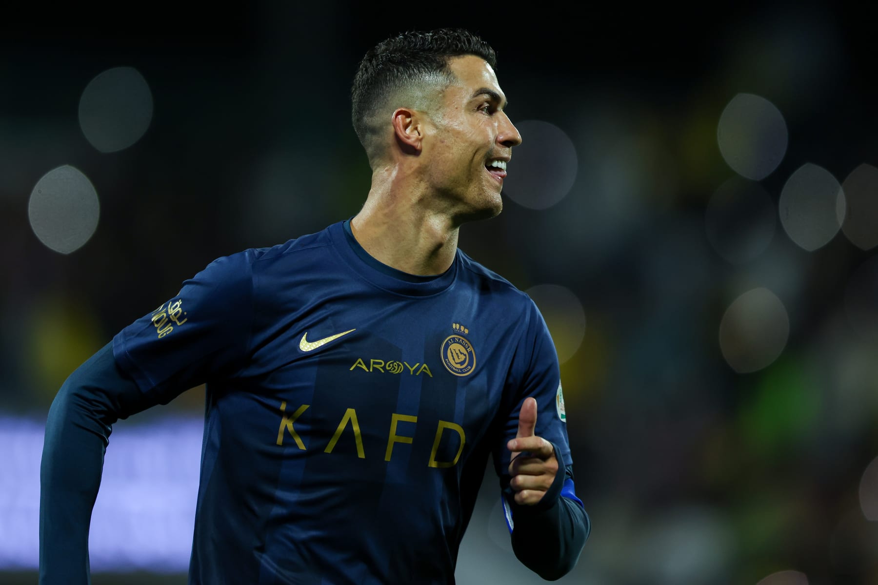 ABHA, SAUDI ARABIA - APRIL 2: Cristiano Ronaldo of Al Nassr celebrates after scoring the 4th goal during the Saudi Pro League match between Abha Club and Al-Nassr at Prince Sultan Bin Abdulaziz Sport City on April 2, 2024 in Abha, Saudi Arabia.(Photo by Yasser Bakhsh/Getty Images)