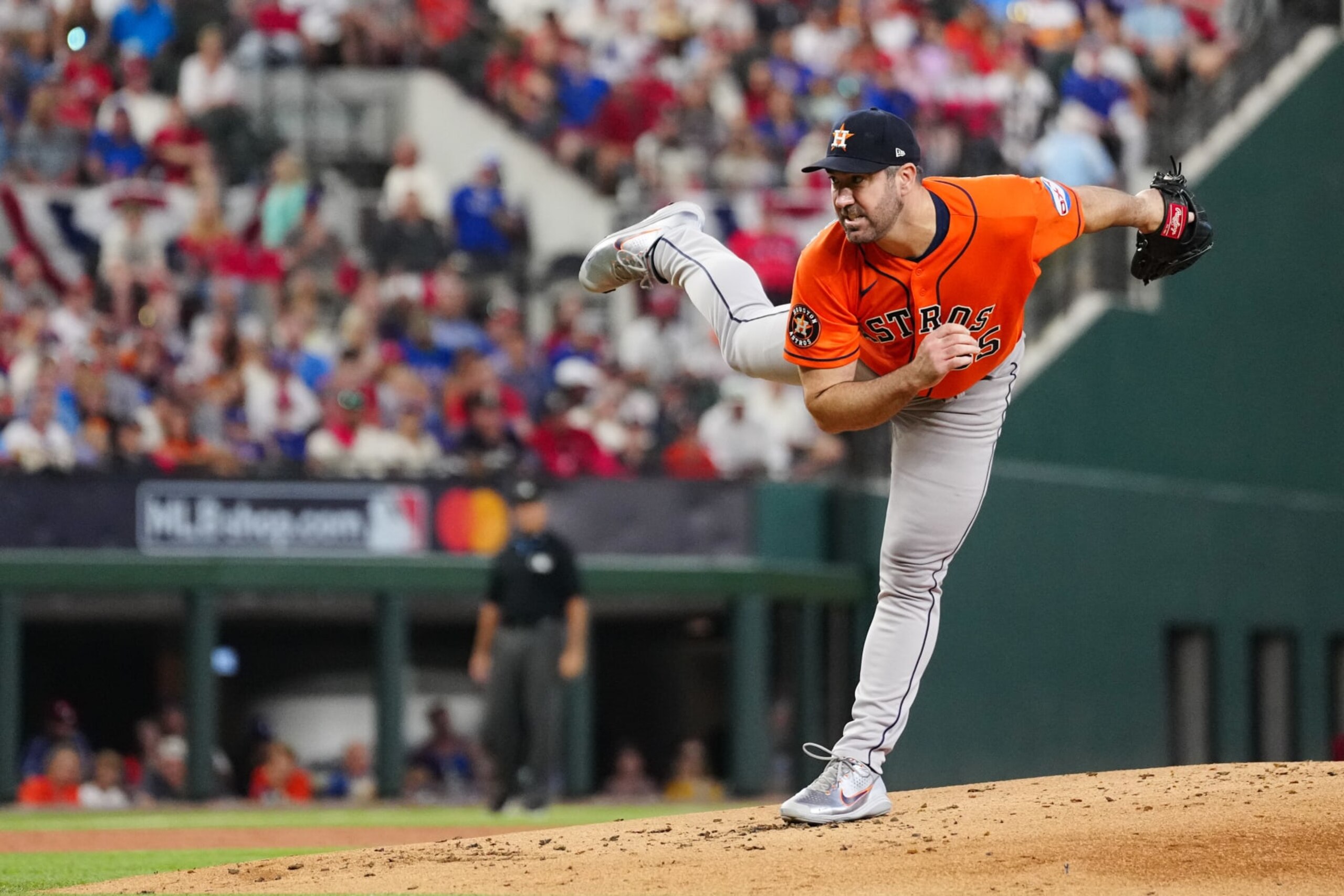 ARLINGTON, TX - OCTOBER 20: Justin Verlander #35 of the Houston Astros pitches during Game 5 of the ALCS between the Houston Astros and the Texas Rangers at Globe Life Field on Friday, October 20, 2023 in Arlington, Texas. (Photo by Daniel Shirey/MLB Photos via Getty Images) ARLINGTON, TX - OCTOBER 20: Justin Verlander #35 of the Houston Astros pitches during Game 5 of the ALCS between the Houston Astros and the Texas Rangers at Globe Life Field on Friday, October 20, 2023 in Arlington, Texas. (Photo by Daniel Shirey/MLB Photos via Getty Images)