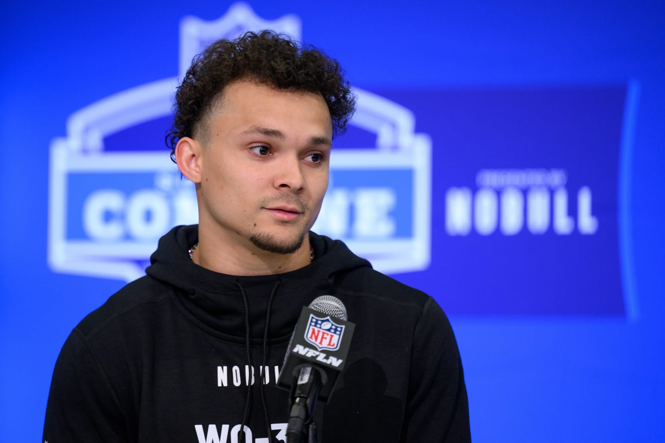 INDIANAPOLIS, IN - MARCH 01: Michigan wide receiver Roman Wilson answers questions from the media during the NFL Scouting Combine on March 1, 2024, at the Indiana Convention Center in Indianapolis, IN. (Photo by Zach Bolinger/Icon Sportswire via Getty Images) INDIANAPOLIS, IN - MARCH 01: Michigan wide receiver Roman Wilson answers questions from the media during the NFL Scouting Combine on March 1, 2024, at the Indiana Convention Center in Indianapolis, IN. (Photo by Zach Bolinger/Icon Sportswire via Getty Images)