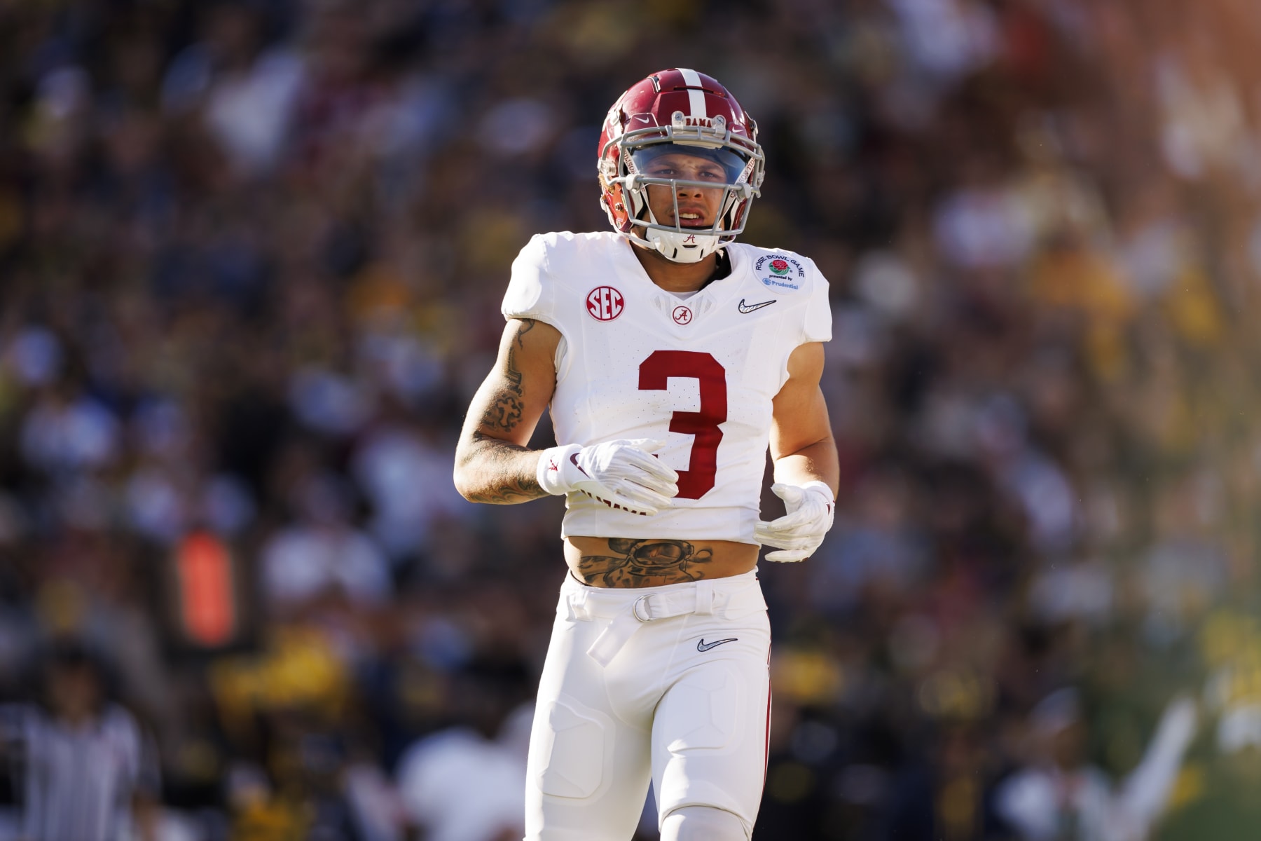 PASADENA, CALIFORNIA - JANUARY 01: Wide receiver Jermaine Burton #3 of the Alabama Crimson Tide runs a route during the CFP Semifinal Rose Bowl Game against the Michigan Wolverines at Rose Bowl Stadium on January 1, 2024 in Pasadena, California. (Photo by Ryan Kang/Getty Images)