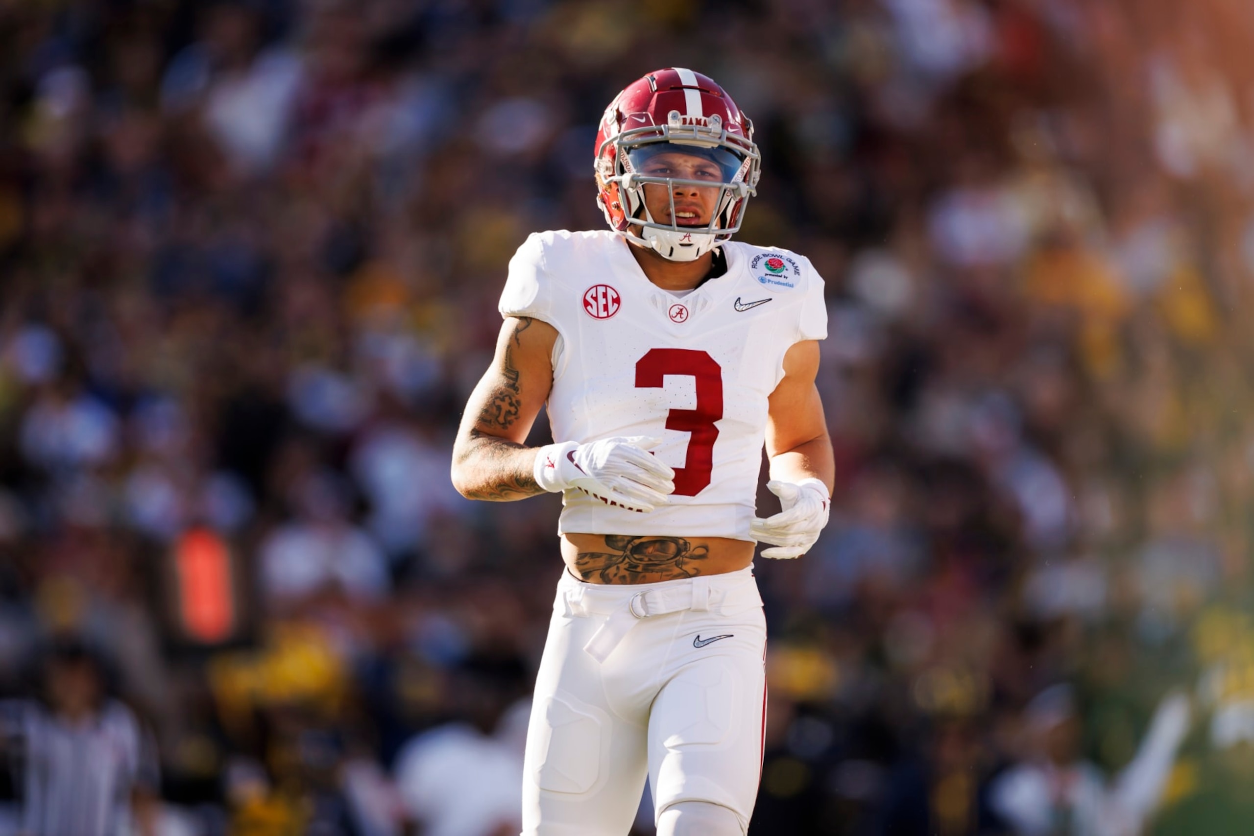 PASADENA, CALIFORNIA - JANUARY 01: Wide receiver Jermaine Burton #3 of the Alabama Crimson Tide runs a route during the CFP Semifinal Rose Bowl Game against the Michigan Wolverines at Rose Bowl Stadium on January 1, 2024 in Pasadena, California. (Photo by Ryan Kang/Getty Images)