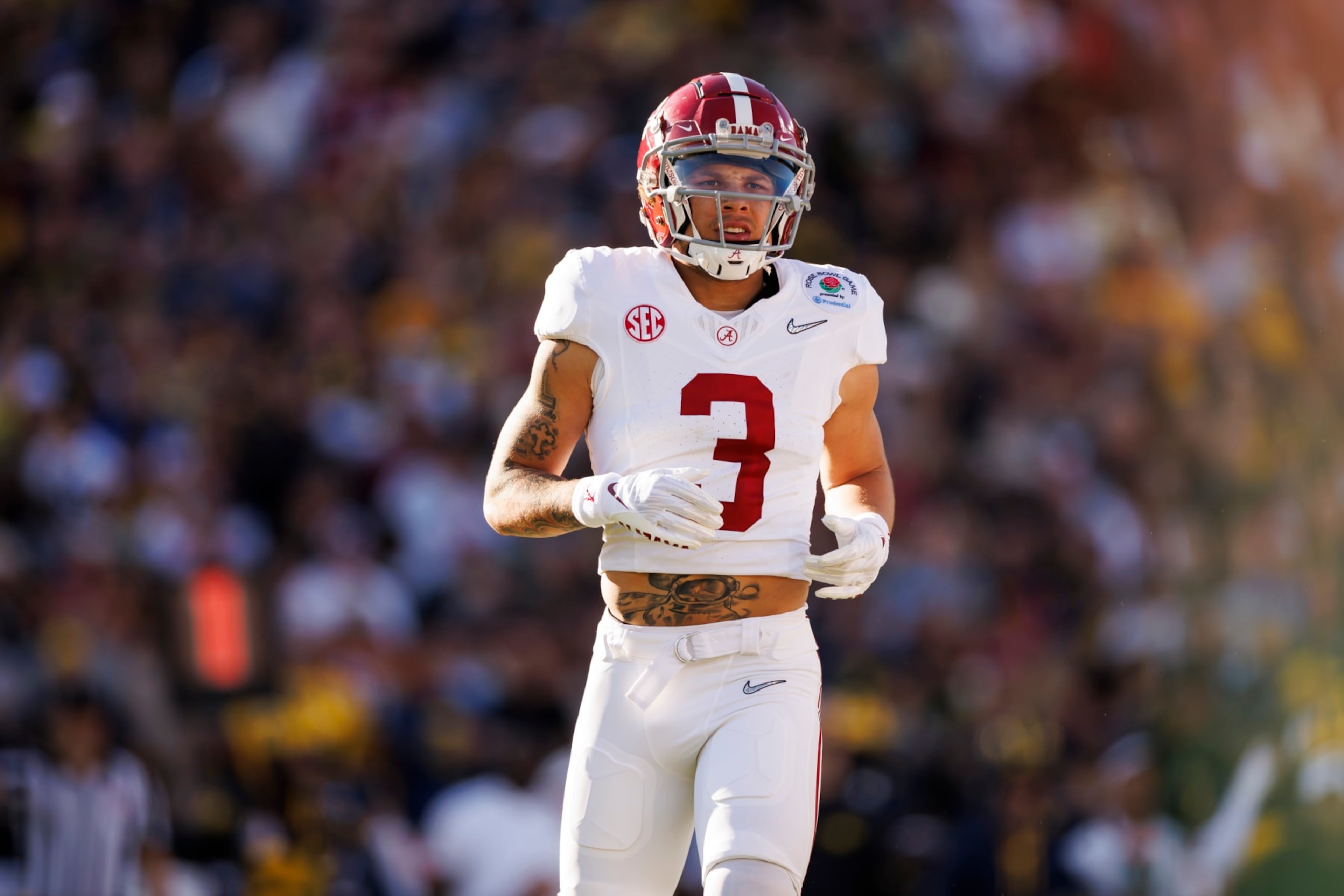 PASADENA, CALIFORNIA - JANUARY 01: Wide receiver Jermaine Burton #3 of the Alabama Crimson Tide runs a route during the CFP Semifinal Rose Bowl Game against the Michigan Wolverines at Rose Bowl Stadium on January 1, 2024 in Pasadena, California. (Photo by Ryan Kang/Getty Images)