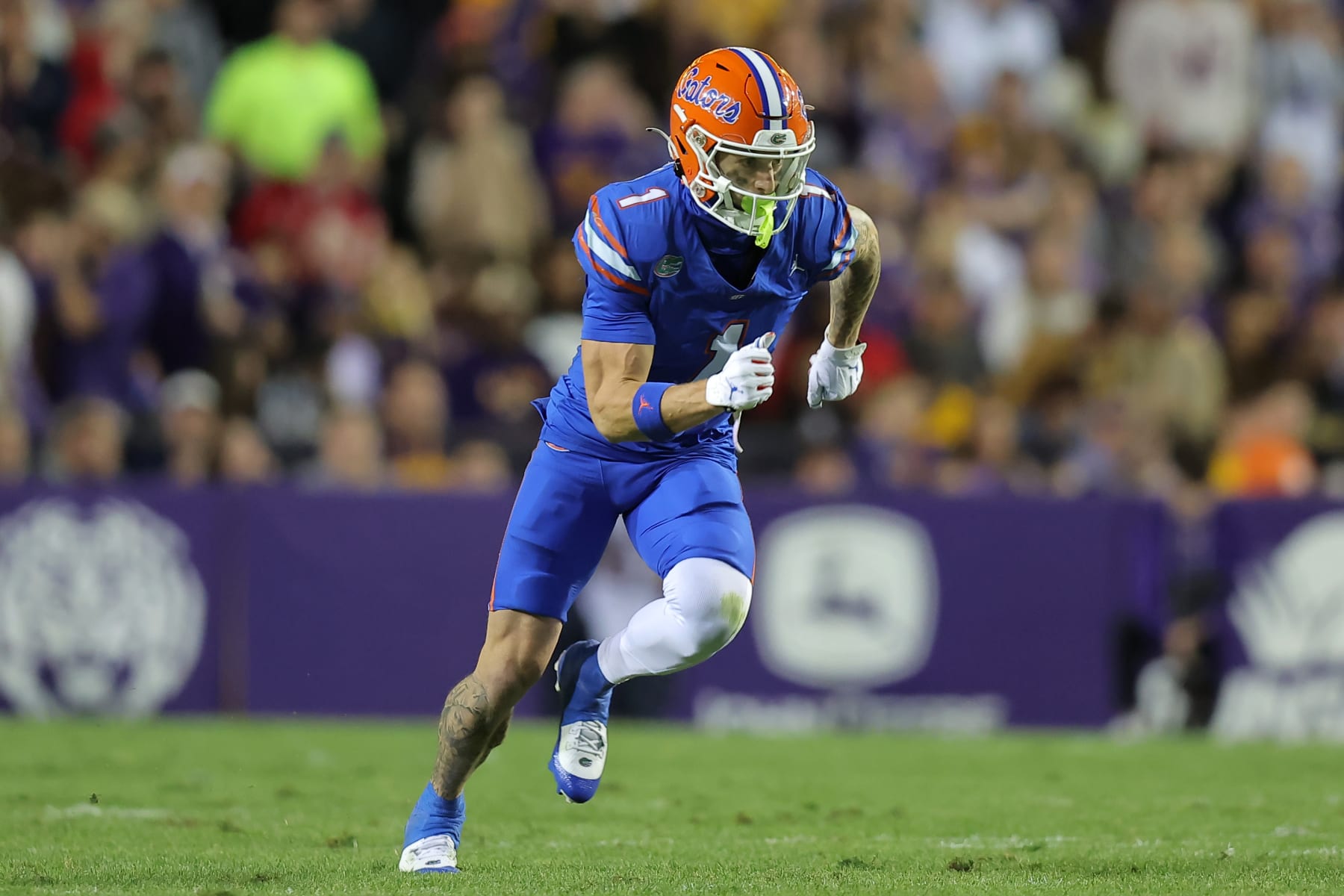 BATON ROUGE, LOUISIANA - NOVEMBER 11: Ricky Pearsall #1 of the Florida Gators in action against the LSU Tigers during a game at Tiger Stadium on November 11, 2023 in Baton Rouge, Louisiana. (Photo by Jonathan Bachman/Getty Images)