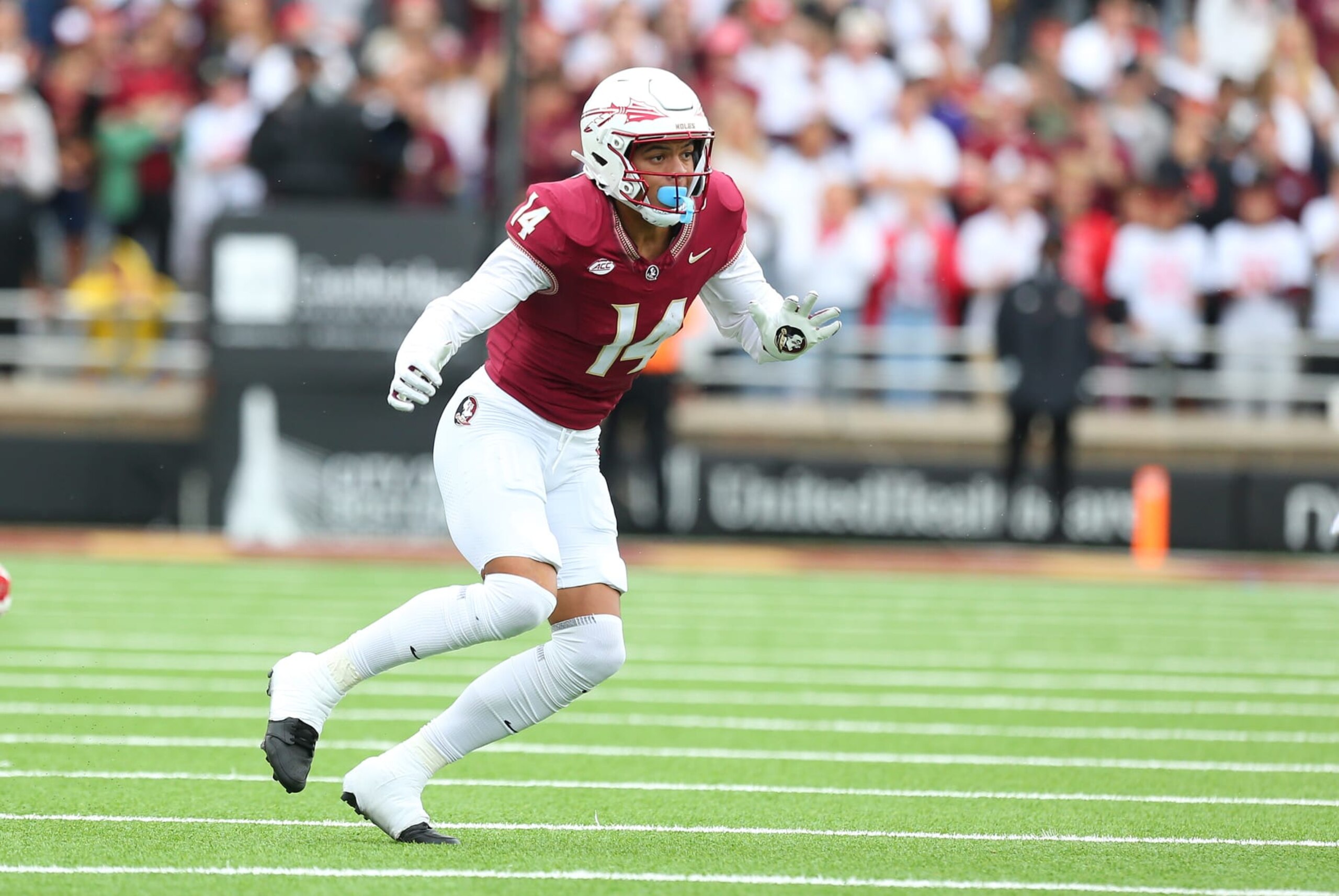 CHESTNUT HILL, MA - SEPTEMBER 16: Florida State Seminoles wide receiver Johnny Wilson (14) in action during the college football game between Florida State Seminoles and Boston College Eagles on September 16, 2023, at Alumni Stadium in Chestnut Hill, MA. (Photo by M. Anthony Nesmith/Icon Sportswire via Getty Images) CHESTNUT HILL, MA - SEPTEMBER 16: Florida State Seminoles wide receiver Johnny Wilson (14) in action during the college football game between Florida State Seminoles and Boston College Eagles on September 16, 2023, at Alumni Stadium in Chestnut Hill, MA. (Photo by M. Anthony Nesmith/Icon Sportswire via Getty Images)