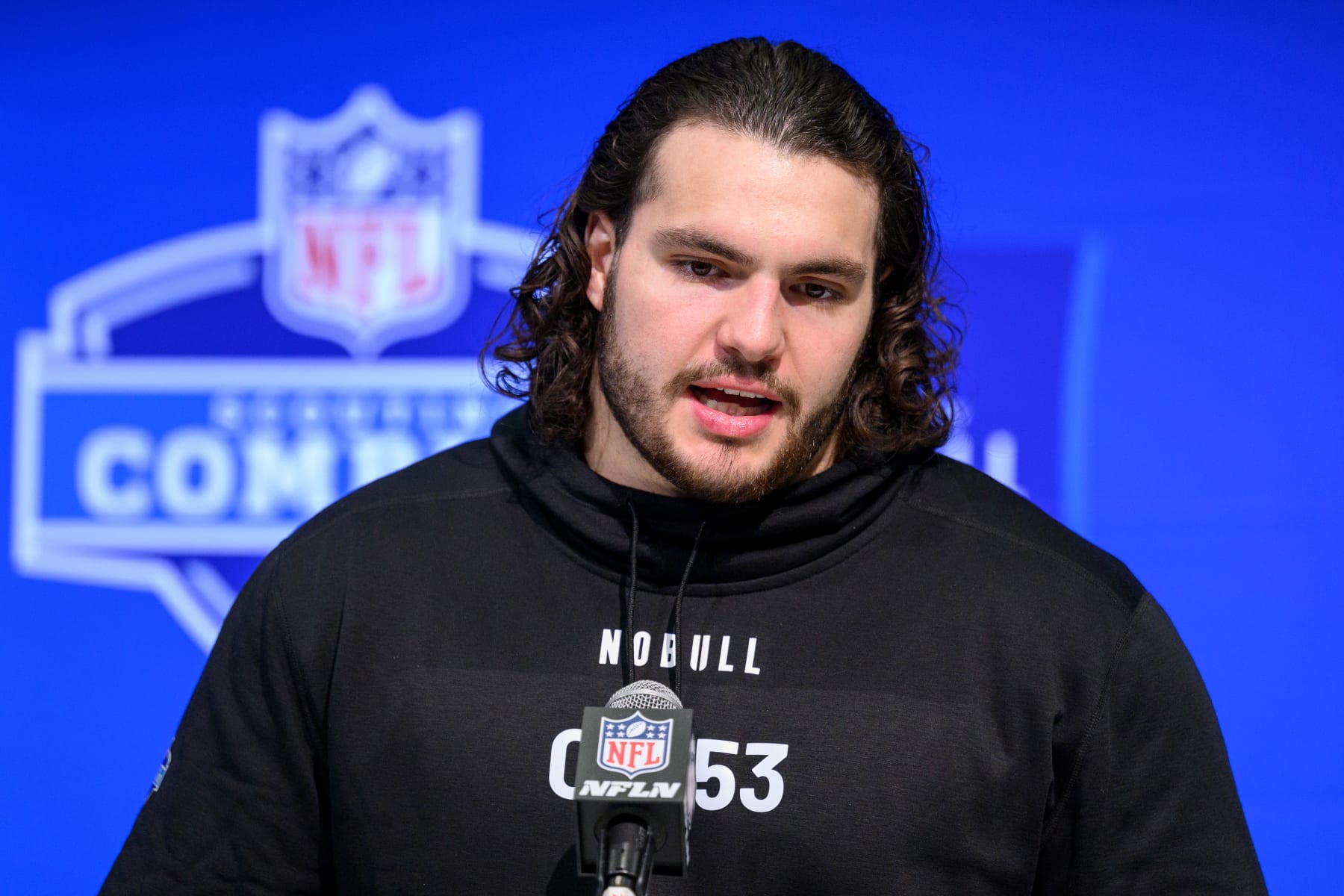 INDIANAPOLIS, IN - MARCH 02: Penn State offensive lineman Hunter Nourzad answers questions from the media during the NFL Scouting Combine on March 2, 2024, at the Indiana Convention Center in Indianapolis, IN. (Photo by Zach Bolinger/Icon Sportswire via Getty Images)