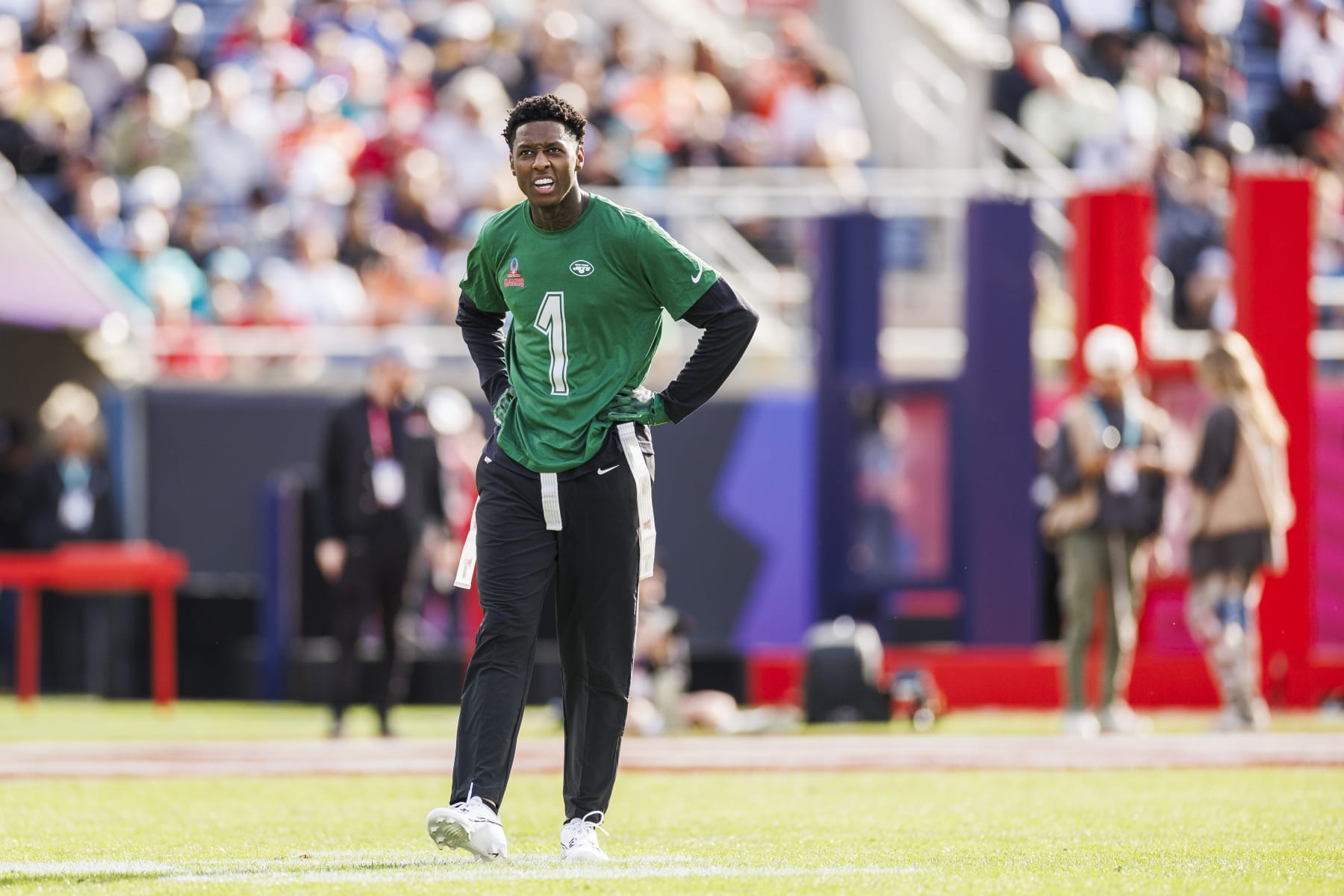 ORLANDO, FLORIDA - FEBRUARY 04: Sauce Gardner #1 of the New York Jets and AFC looks on during the 2024 NFL Pro Bowl at Camping World Stadium on February 04, 2024 in Orlando, Florida. (Photo by James Gilbert/Getty Images)