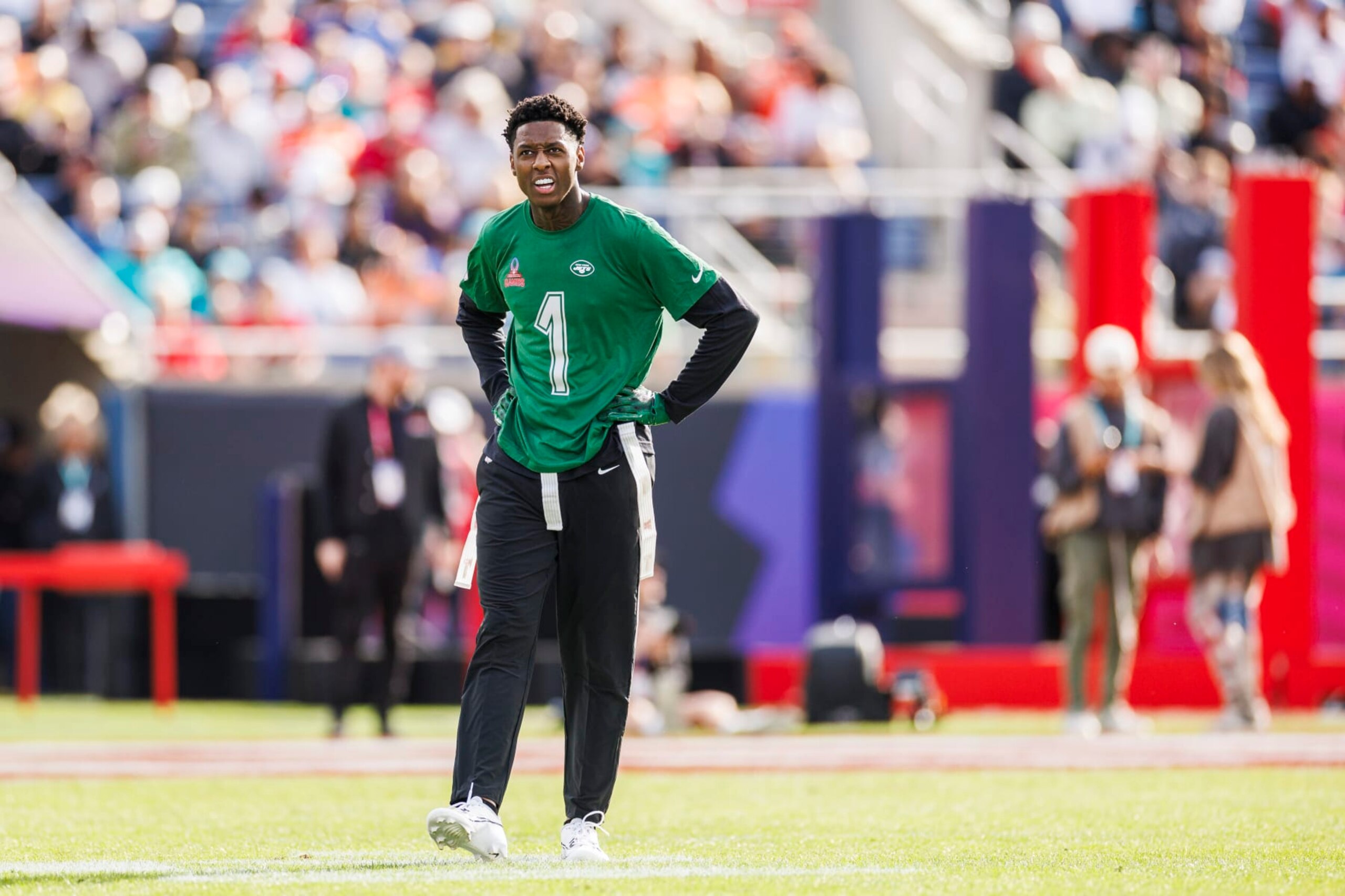 ORLANDO, FLORIDA - FEBRUARY 04: Sauce Gardner #1 of the New York Jets and AFC looks on during the 2024 NFL Pro Bowl at Camping World Stadium on February 04, 2024 in Orlando, Florida. (Photo by James Gilbert/Getty Images)