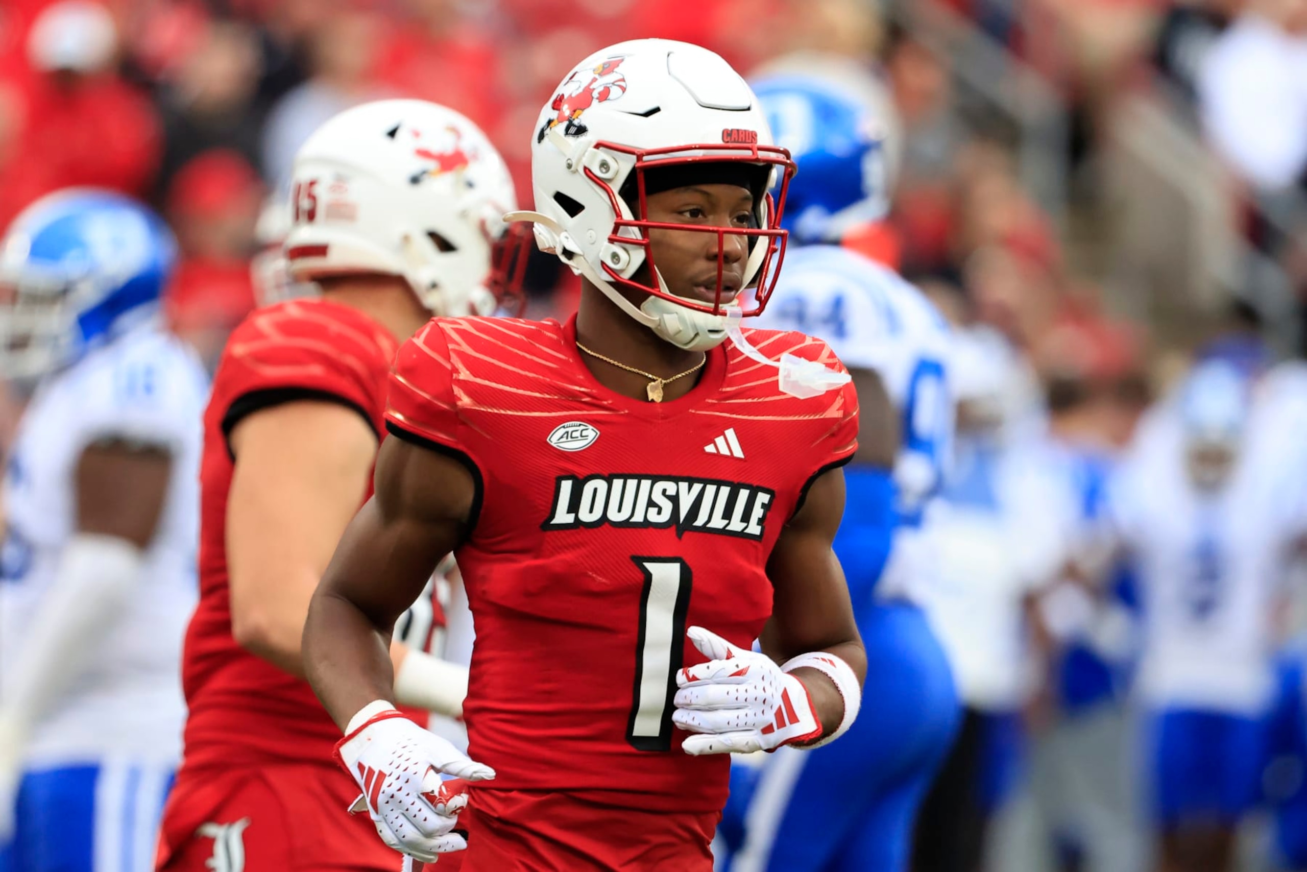 LOUISVILLE, KENTUCKY - OCTOBER 28: Jamari Thrash #1 of the Louisville Cardinals runs onto the field in the game against the Duke Blue Devils at Cardinal Stadium on October 28, 2023 in Louisville, Kentucky. (Photo by Justin Casterline/Getty Images) LOUISVILLE, KENTUCKY - OCTOBER 28: Jamari Thrash #1 of the Louisville Cardinals runs onto the field in the game against the Duke Blue Devils at Cardinal Stadium on October 28, 2023 in Louisville, Kentucky. (Photo by Justin Casterline/Getty Images)