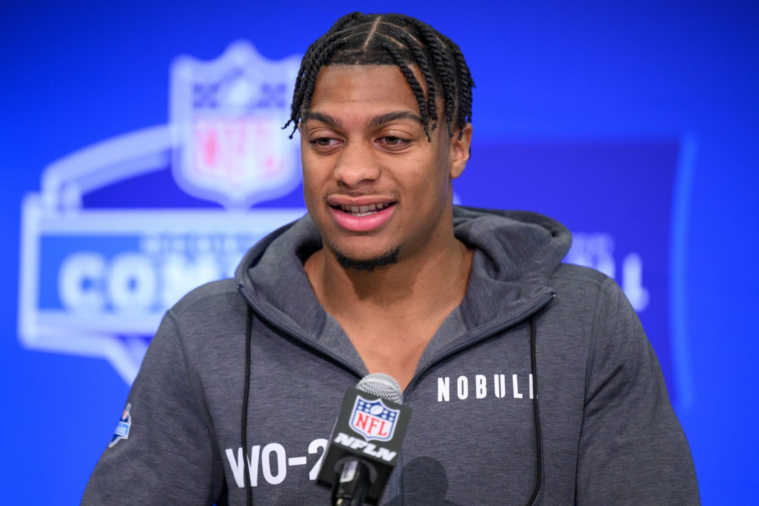 INDIANAPOLIS, IN - MARCH 01: USC wide receiver Brenden Rice answers questions from the media during the NFL Scouting Combine on March 1, 2024, at the Indiana Convention Center in Indianapolis, IN. (Photo by Zach Bolinger/Icon Sportswire via Getty Images)