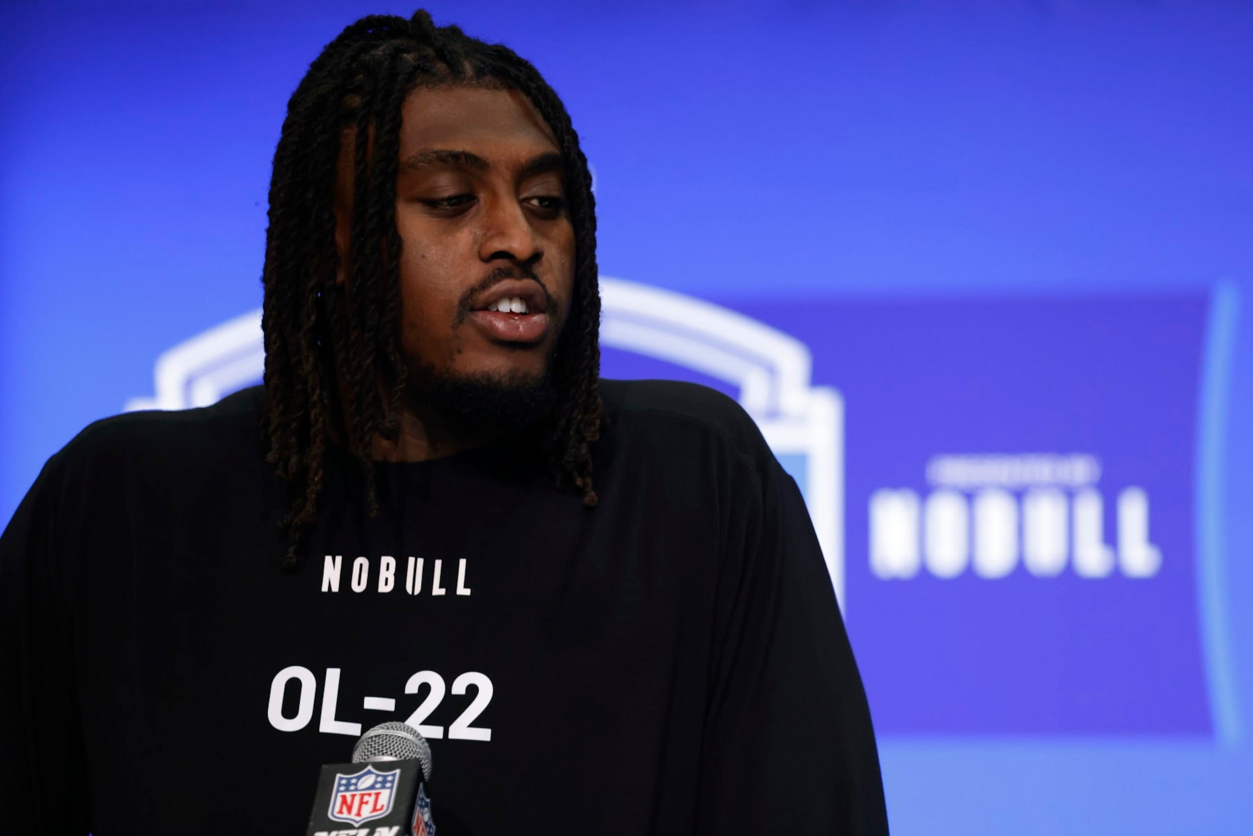 INDIANAPOLIS, INDIANA - MARCH 02: Javon Foster #OL22 of the Missouri speaks to the media during the 2024 NFL Combine at the Indiana Convention Center on March 02, 2024 in Indianapolis, Indiana. (Photo by Justin Casterline/Getty Images)
