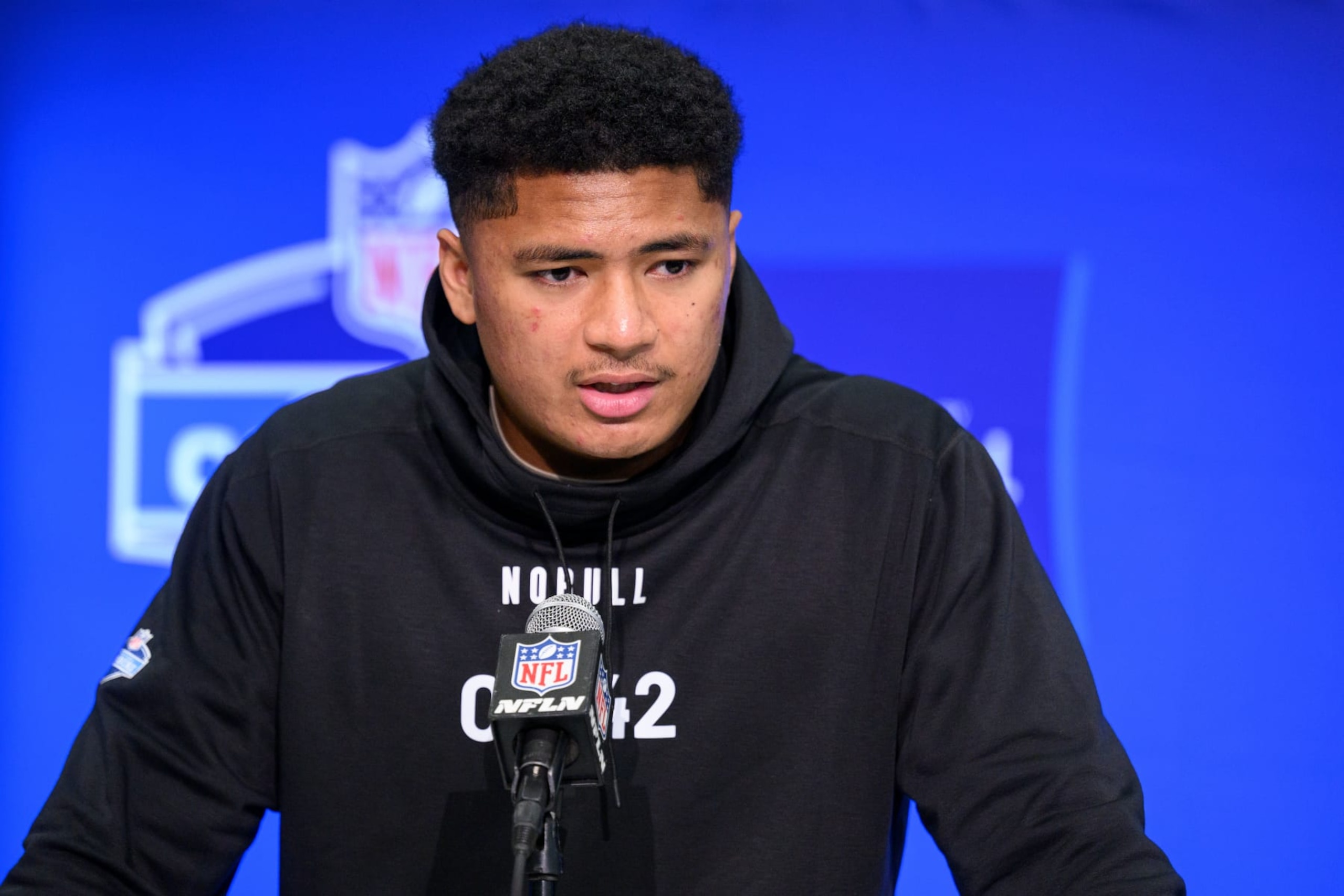 INDIANAPOLIS, IN - MARCH 02: Utah offensive lineman Sataoa Laumea answers questions from the media during the NFL Scouting Combine on March 2, 2024, at the Indiana Convention Center in Indianapolis, IN. (Photo by Zach Bolinger/Icon Sportswire via Getty Images)