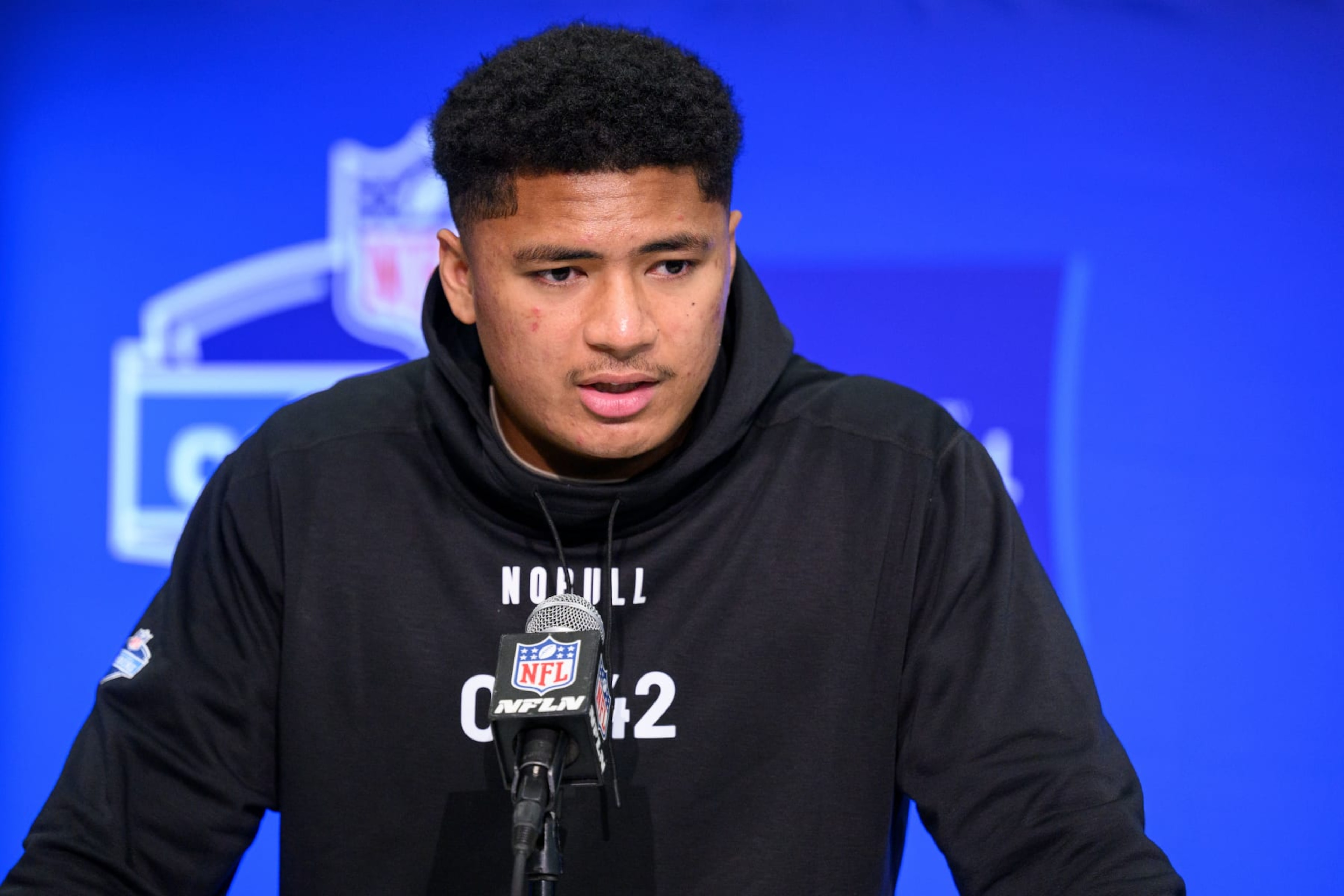 INDIANAPOLIS, IN - MARCH 02: Utah offensive lineman Sataoa Laumea answers questions from the media during the NFL Scouting Combine on March 2, 2024, at the Indiana Convention Center in Indianapolis, IN. (Photo by Zach Bolinger/Icon Sportswire via Getty Images)