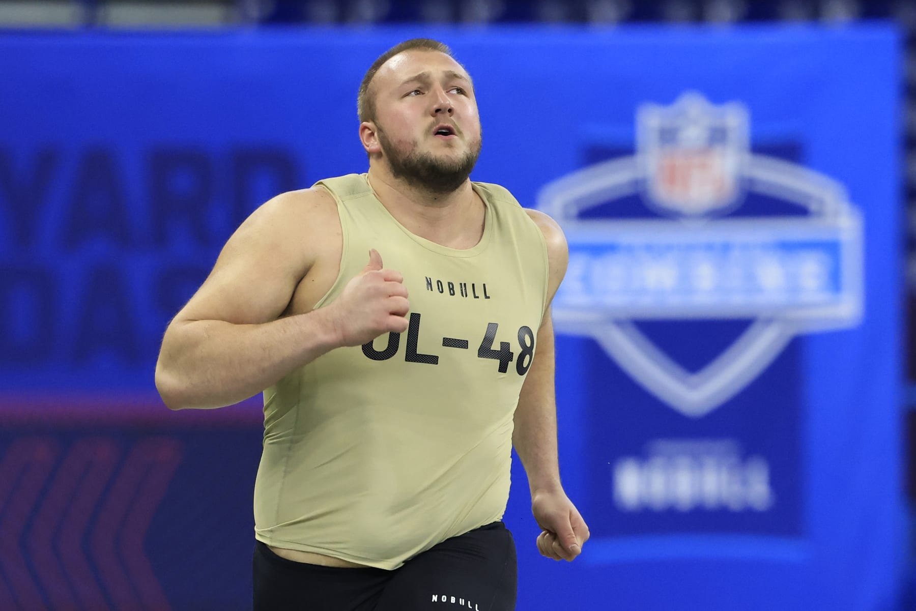 INDIANAPOLIS, INDIANA - MARCH 03: Mason McCormick #OL48 of the South Dakota State participates in the 40 yard dash during the NFL Combine at Lucas Oil Stadium on March 03, 2024 in Indianapolis, Indiana. (Photo by Justin Casterline/Getty Images)
