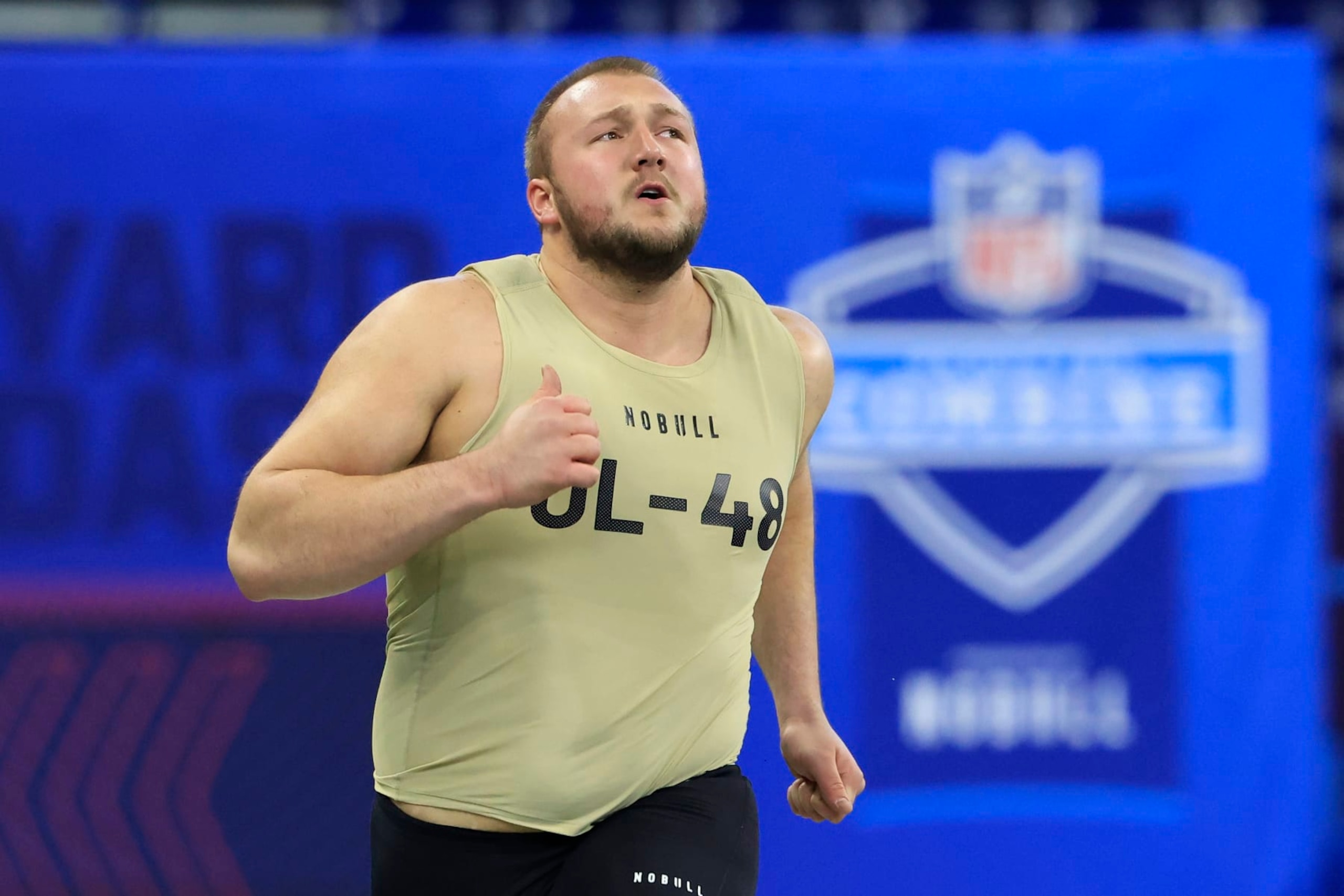 INDIANAPOLIS, INDIANA - MARCH 03: Mason McCormick #OL48 of the South Dakota State participates in the 40 yard dash during the NFL Combine at Lucas Oil Stadium on March 03, 2024 in Indianapolis, Indiana. (Photo by Justin Casterline/Getty Images)