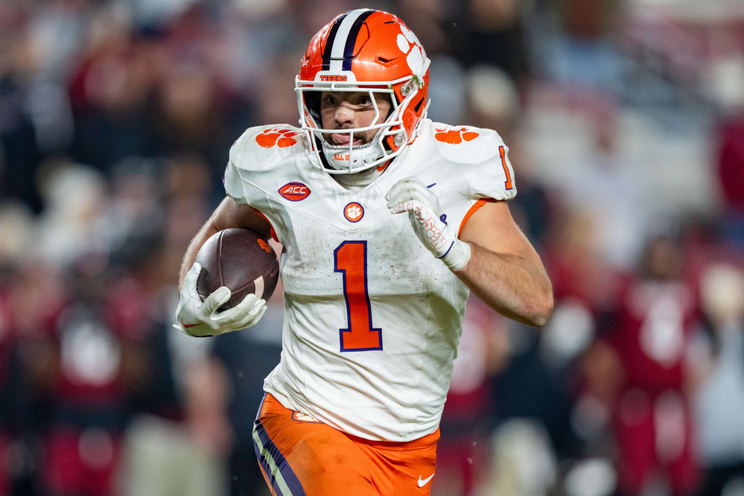 COLUMBIA, SOUTH CAROLINA - NOVEMBER 25: Will Shipley #1 of the Clemson Tigers plays against the South Carolina Gamecocks during their game at Williams-Brice Stadium on November 25, 2023 in Columbia, South Carolina. (Photo by Jacob Kupferman/Getty Images)