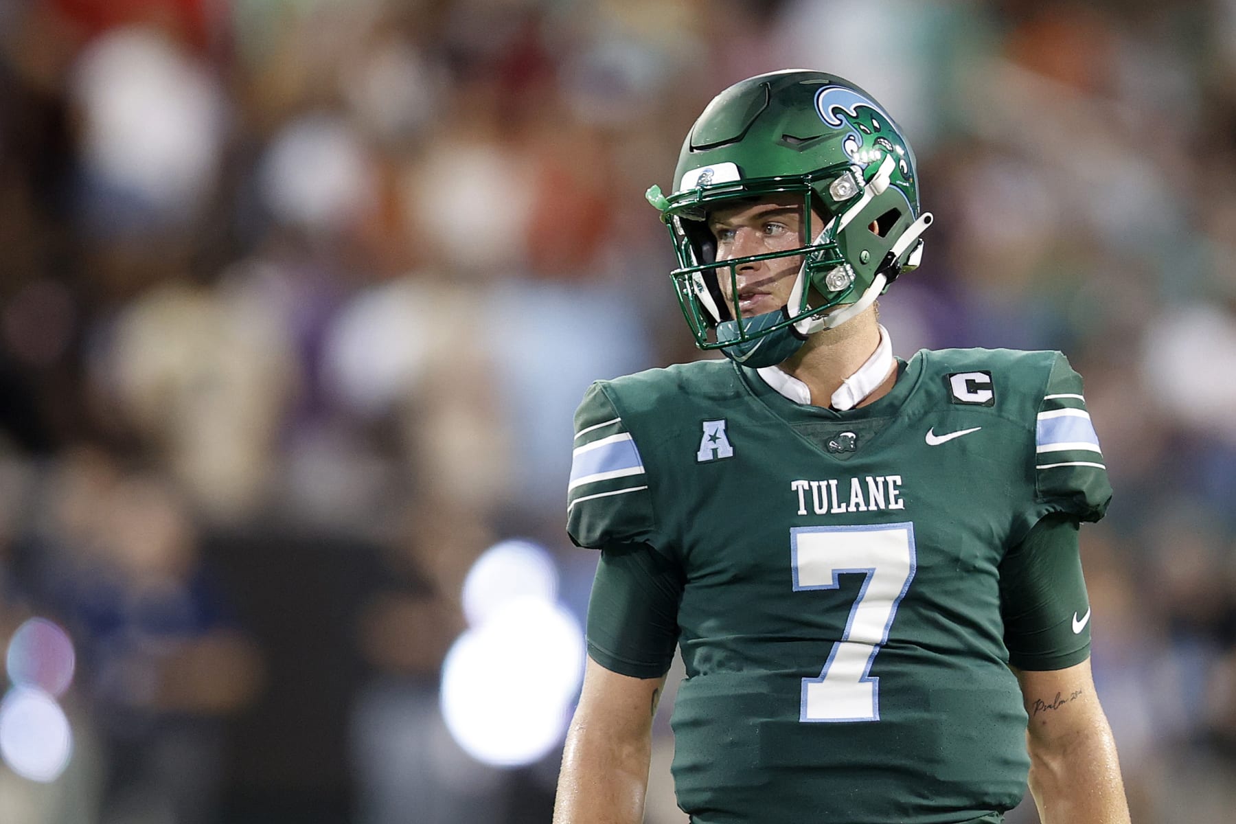 NEW ORLEANS, LOUISIANA - SEPTEMBER 02: Michael Pratt #7 of the Tulane Green Wave in action against the University of Southern Alabama at Yulman Stadium on September 02, 2023 in New Orleans, Louisiana. (Photo by Chris Graythen/Getty Images)