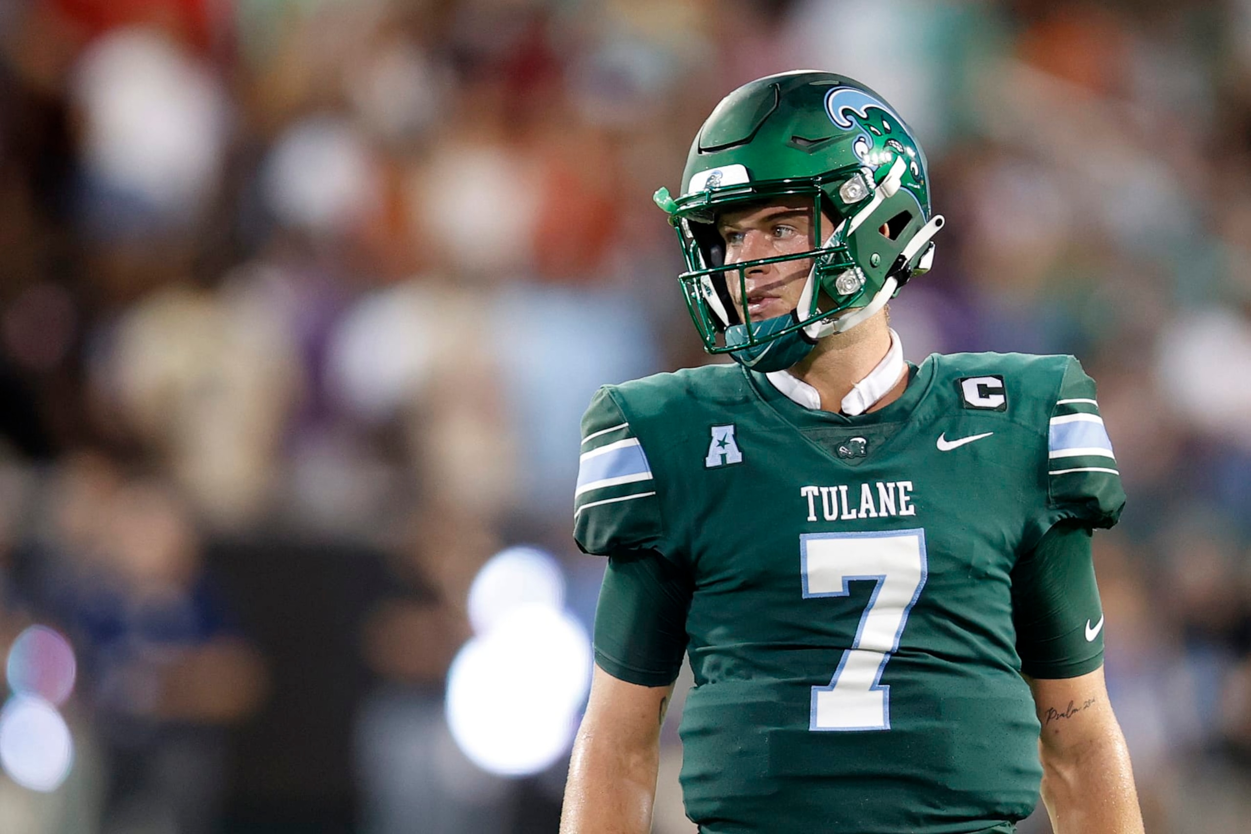 NEW ORLEANS, LOUISIANA - SEPTEMBER 02: Michael Pratt #7 of the Tulane Green Wave in action against the University of Southern Alabama at Yulman Stadium on September 02, 2023 in New Orleans, Louisiana. (Photo by Chris Graythen/Getty Images)