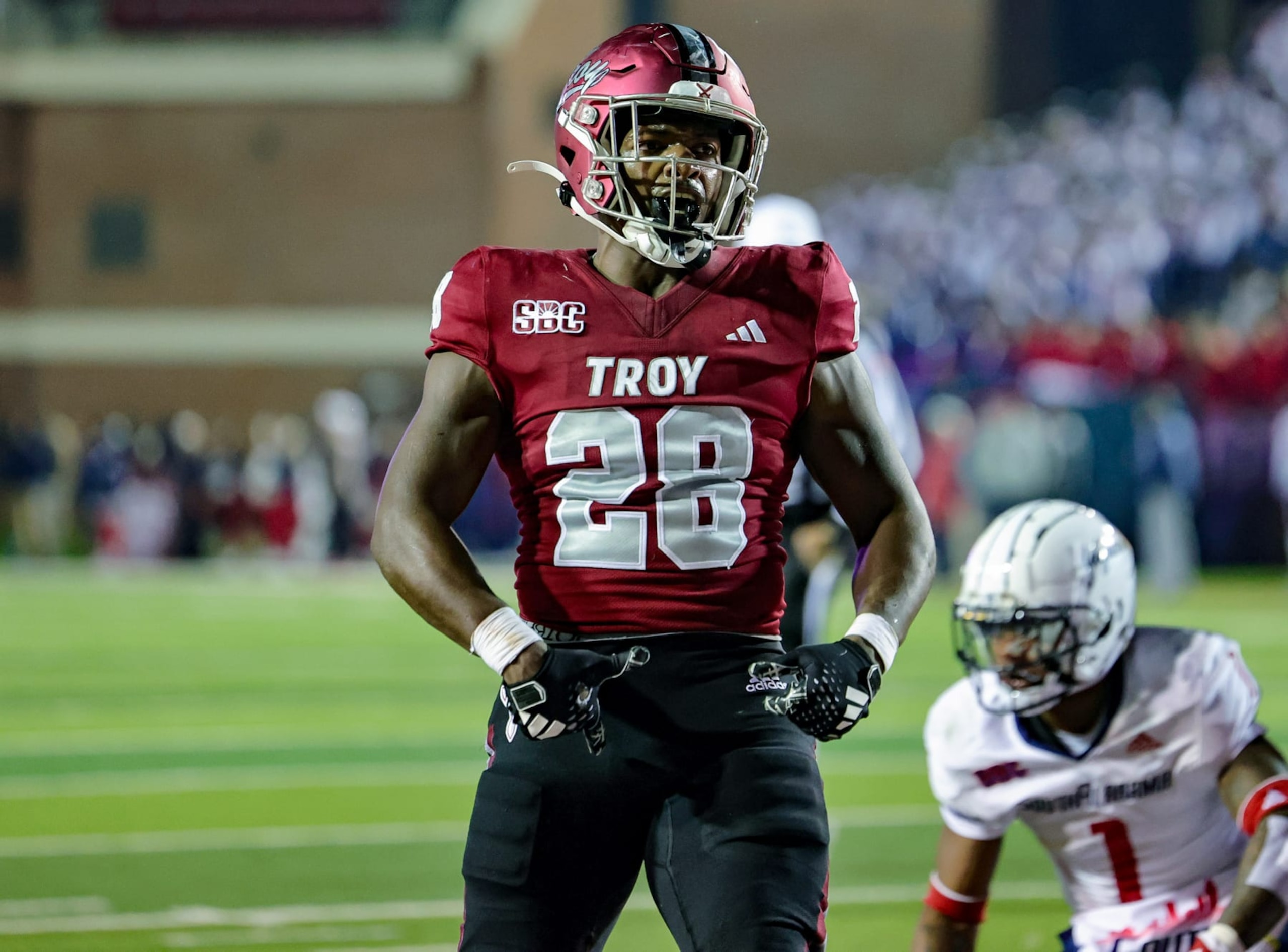 TROY, ALABAMA - NOVEMBER 2: Kimani Vidal #28 of the Troy Trojans celebrates a first half touchdown against the South Alabama Jaguars at Veterans Memorial Stadium on November 2, 2023 in Troy, Alabama. (Photo by Brandon Sumrall/Getty Images)