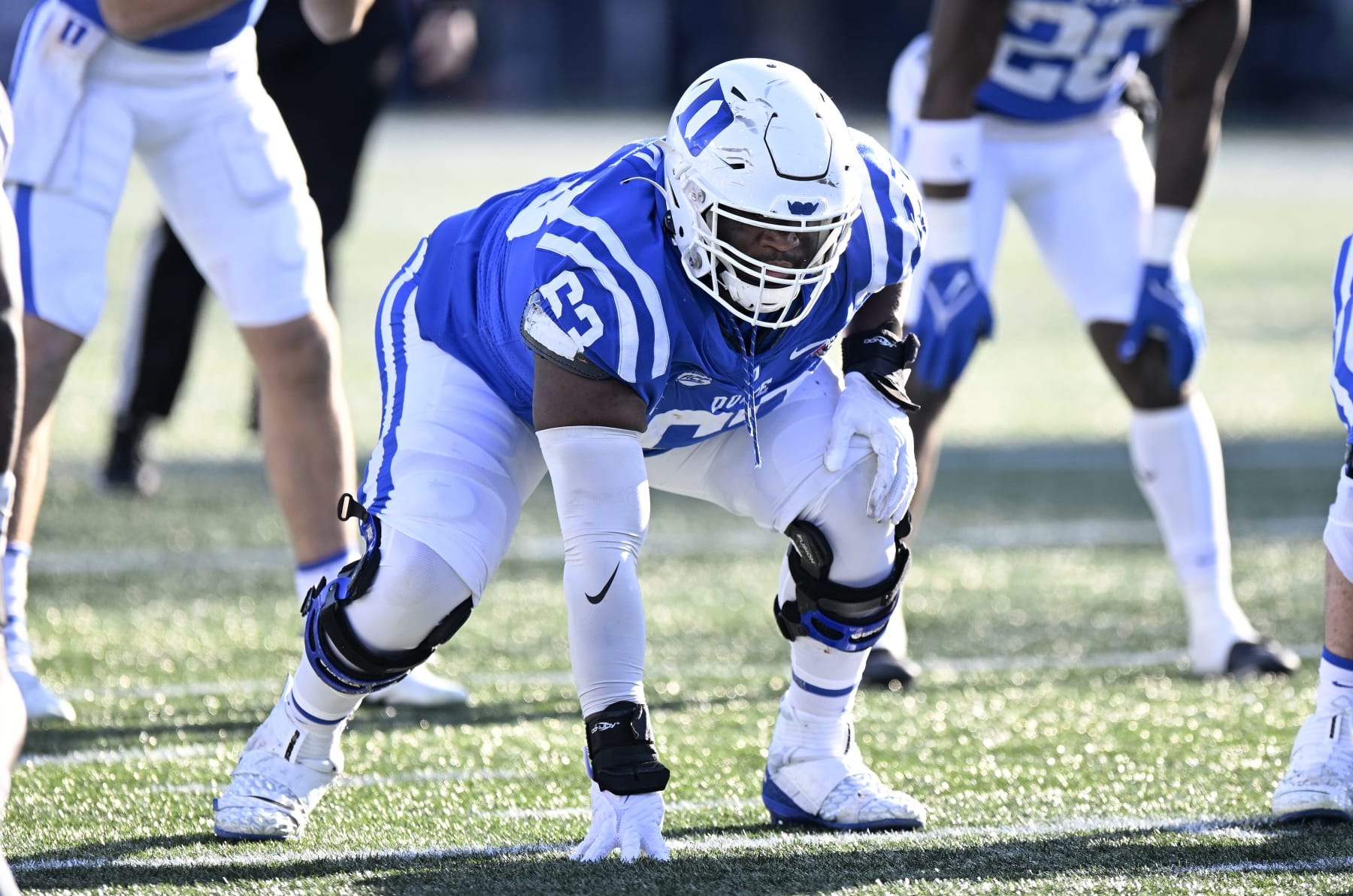ANNAPOLIS, MARYLAND - DECEMBER 28: Jacob Monk #63 of the Duke Blue Devils lines up against the UCF Knights in the Military Bowl Presented by Peraton  at Navy-Marine Corps Memorial Stadium on December 28, 2022 in Annapolis, Maryland. (Photo by G Fiume/Getty Images)