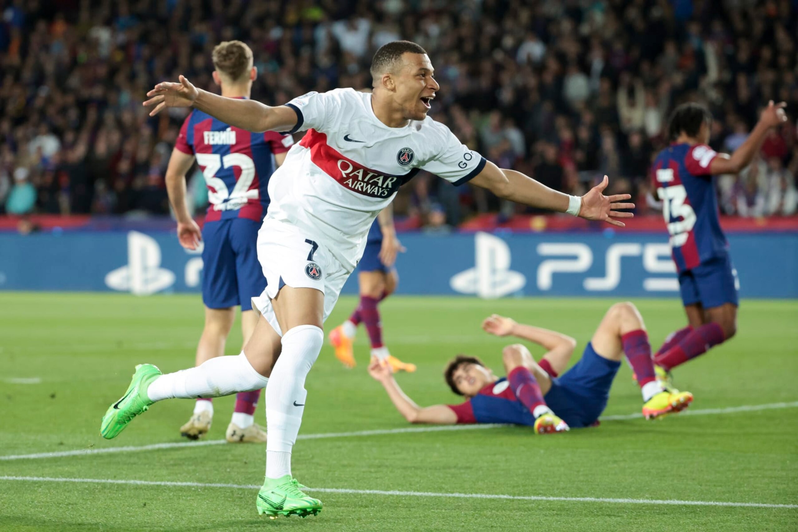 BARCELONA, SPAIN - APRIL 16: Kylian Mbappe of PSG celebrates his second goal and 4th goal for PSG during the UEFA Champions League quarter-final second leg match between FC Barcelona (Barca) and Paris Saint-Germain (PSG) at Estadi Olimpic Lluis Companys on April 16, 2024 in Barcelona, Spain.(Photo by Jean Catuffe/Getty Images)