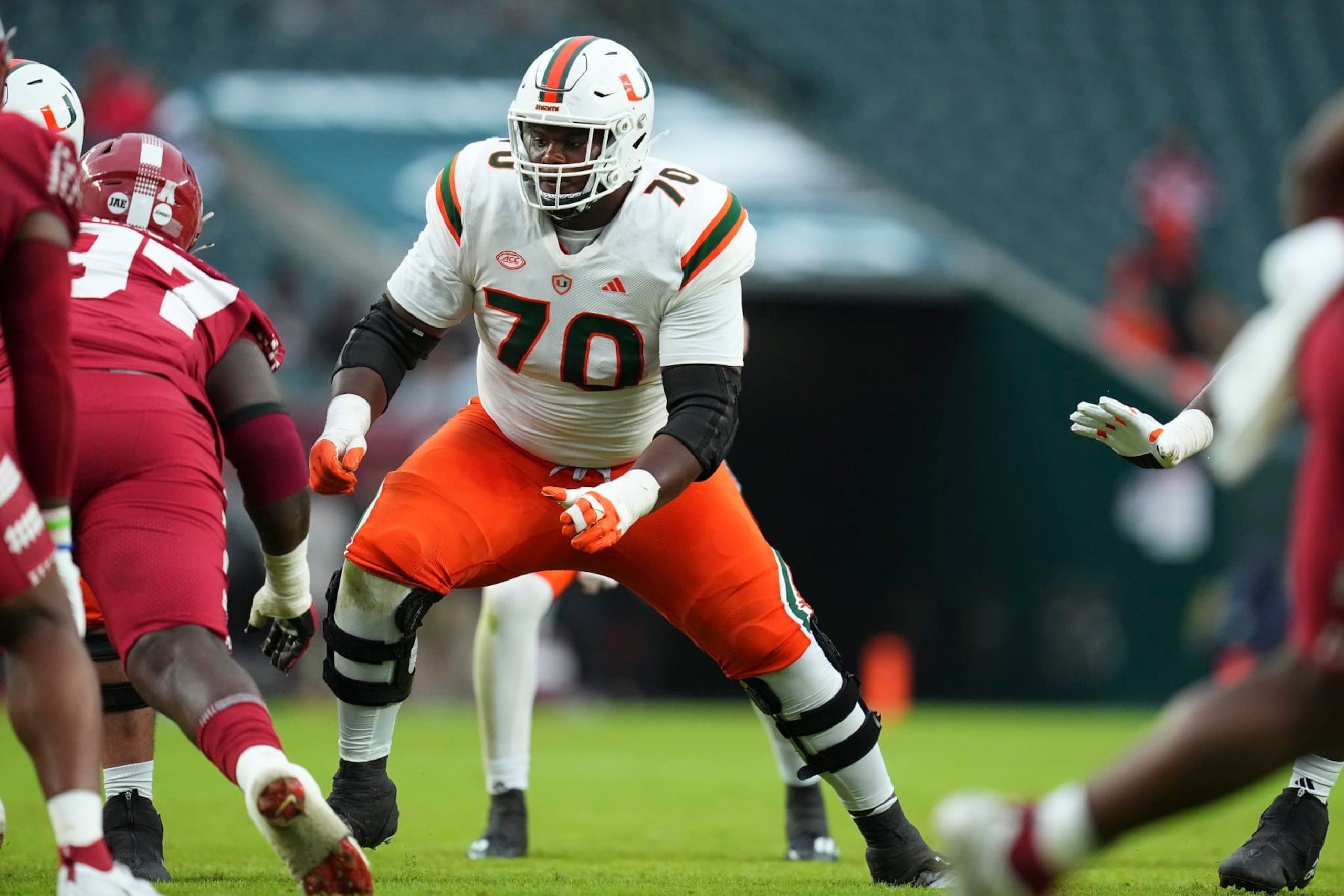 PHILADELPHIA, PENNSYLVANIA - SEPTEMBER 23: Javion Cohen #70 of the Miami Hurricanes in action against the Temple Owls at Lincoln Financial Field on September 23, 2023 in Philadelphia, Pennsylvania. The Miami Hurricanes defeated the Temple Owls 41-7. (Photo by Mitchell Leff/Getty Images) PHILADELPHIA, PENNSYLVANIA - SEPTEMBER 23: Javion Cohen #70 of the Miami Hurricanes in action against the Temple Owls at Lincoln Financial Field on September 23, 2023 in Philadelphia, Pennsylvania. The Miami Hurricanes defeated the Temple Owls 41-7. (Photo by Mitchell Leff/Getty Images)