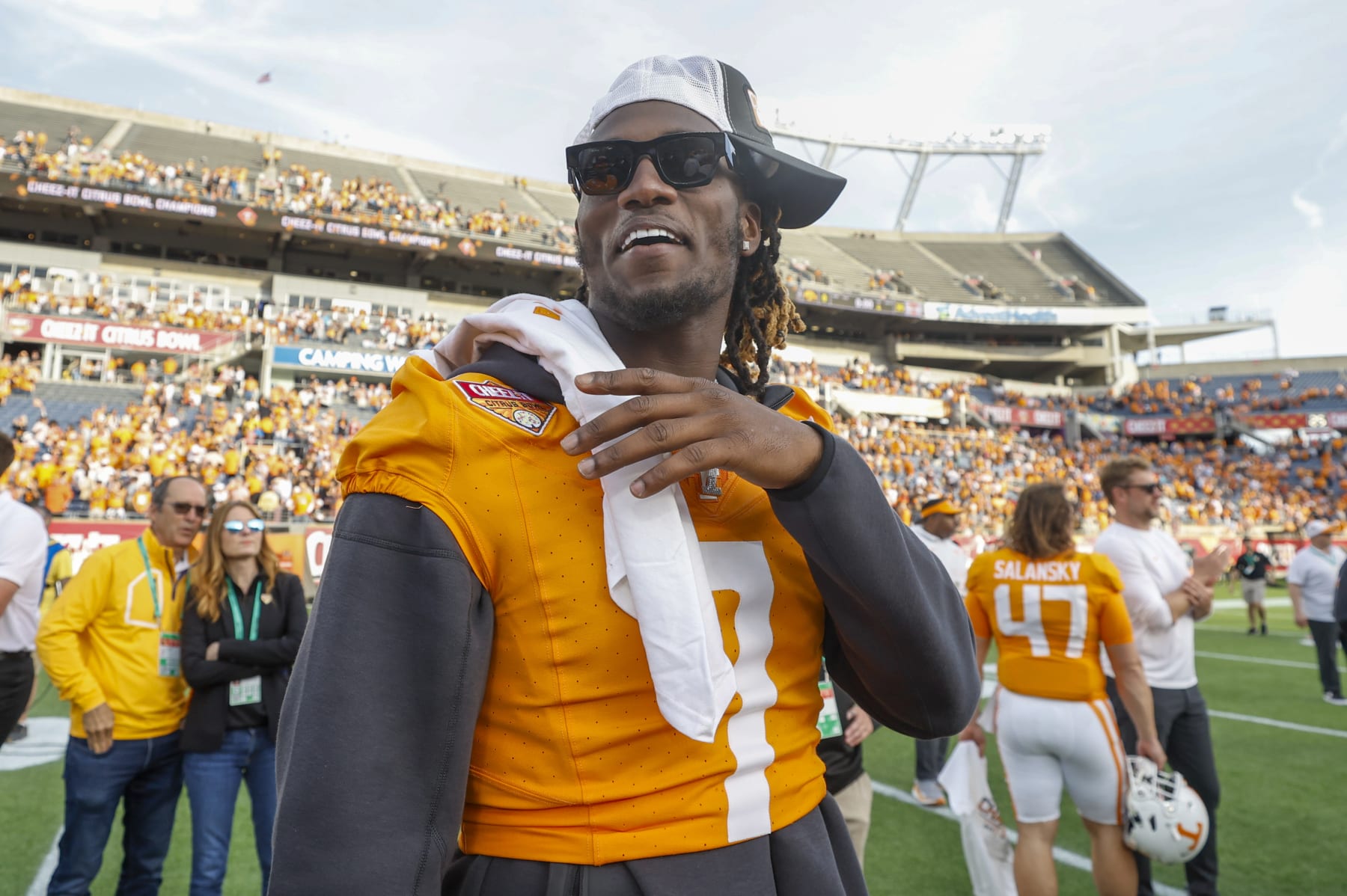ORLANDO, FL - JANUARY 01:Tennessee Volunteers quarterback Joe Milton III (7) smiles after the game between the Tennessee Volunteers and the Iowa Hawkeyes on January 1, 2024 at Camping World Stadium in Orlando, Fl. (Photo by David Rosenblum/Icon Sportswire via Getty Images)