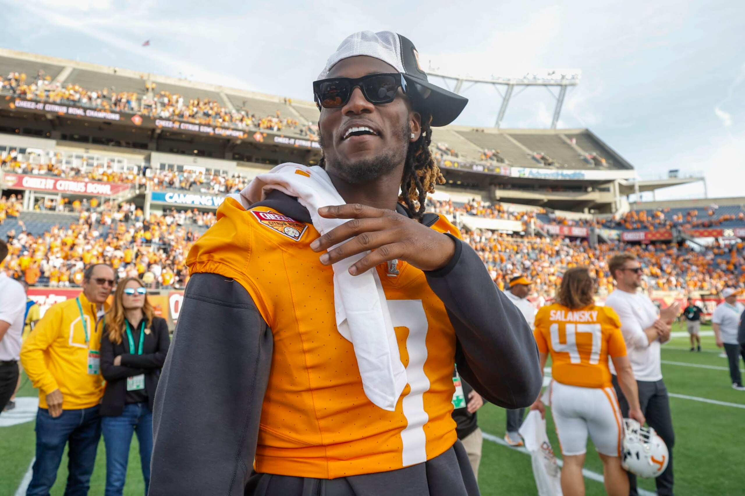 ORLANDO, FL - JANUARY 01:Tennessee Volunteers quarterback Joe Milton III (7) smiles after the game between the Tennessee Volunteers and the Iowa Hawkeyes on January 1, 2024 at Camping World Stadium in Orlando, Fl. (Photo by David Rosenblum/Icon Sportswire via Getty Images) ORLANDO, FL - JANUARY 01:Tennessee Volunteers quarterback Joe Milton III (7) smiles after the game between the Tennessee Volunteers and the Iowa Hawkeyes on January 1, 2024 at Camping World Stadium in Orlando, Fl. (Photo by David Rosenblum/Icon Sportswire via Getty Images)