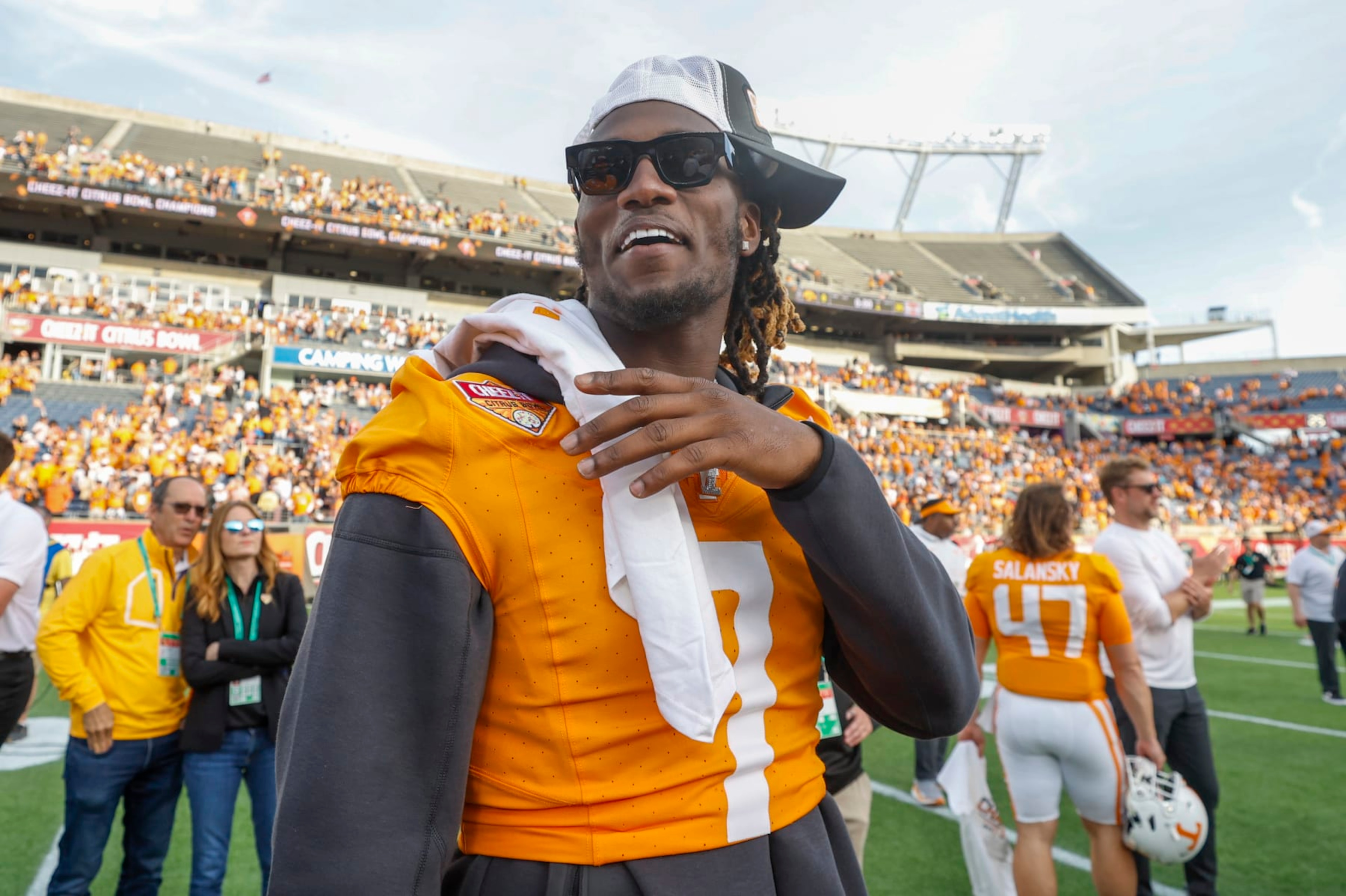 ORLANDO, FL - JANUARY 01:Tennessee Volunteers quarterback Joe Milton III (7) smiles after the game between the Tennessee Volunteers and the Iowa Hawkeyes on January 1, 2024 at Camping World Stadium in Orlando, Fl. (Photo by David Rosenblum/Icon Sportswire via Getty Images)