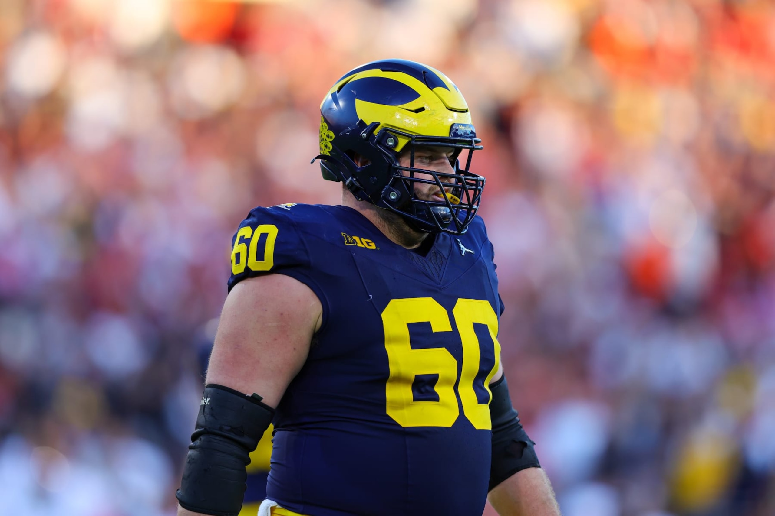 PASADENA, CA - JANUARY 01: Michigan Wolverines offensive lineman Drake Nugent (60) walks to the line of scrimmage during the Alabama Crimson Tide game versus the Michigan Wolverines CFP Semifinal at the Rose Bowl Game on January, 1, 2024, at the Rose Bowl Stadium in Pasadena, CA. (Photo by Jordon Kelly/Icon Sportswire via Getty Images)