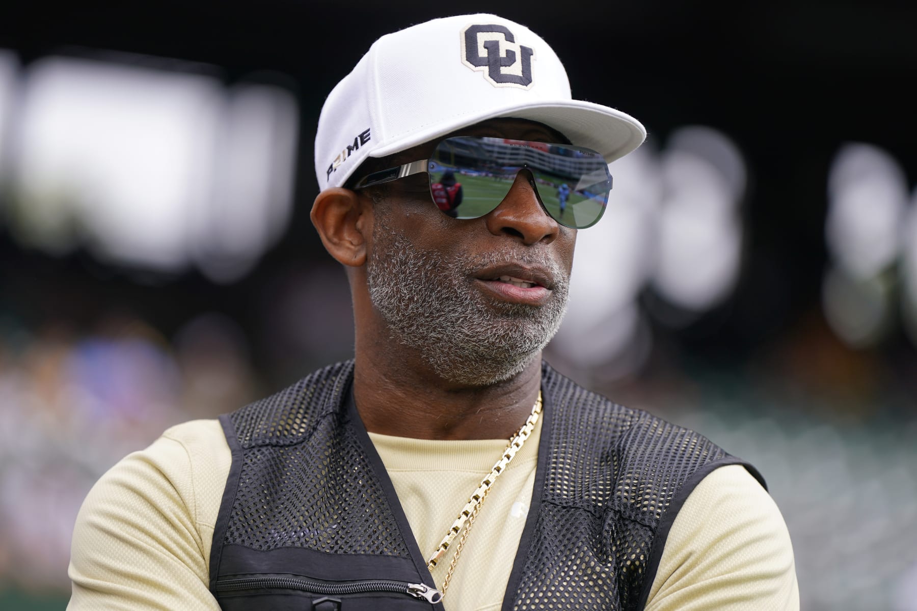ARLINGTON, TEXAS - MARCH 30: Former NFL player and Colorado Buffalos head coach Deion Sanders looks on prior to a game between the Arlington Renegades and Birmingham Stallions at Choctaw Stadium on March 30, 2024 in Arlington, Texas. (Photo by Sam Hodde/UFL/Getty Images)