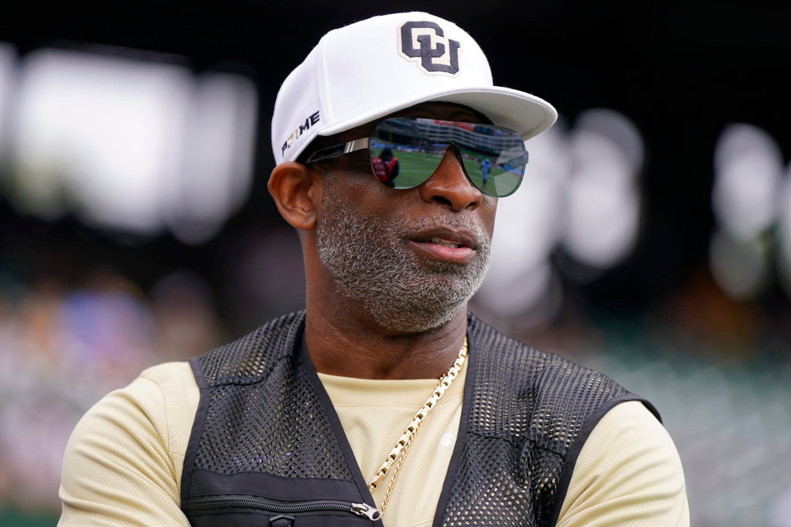 ARLINGTON, TEXAS - MARCH 30: Former NFL player and Colorado Buffalos head coach Deion Sanders looks on prior to a game between the Arlington Renegades and Birmingham Stallions at Choctaw Stadium on March 30, 2024 in Arlington, Texas. (Photo by Sam Hodde/UFL/Getty Images)