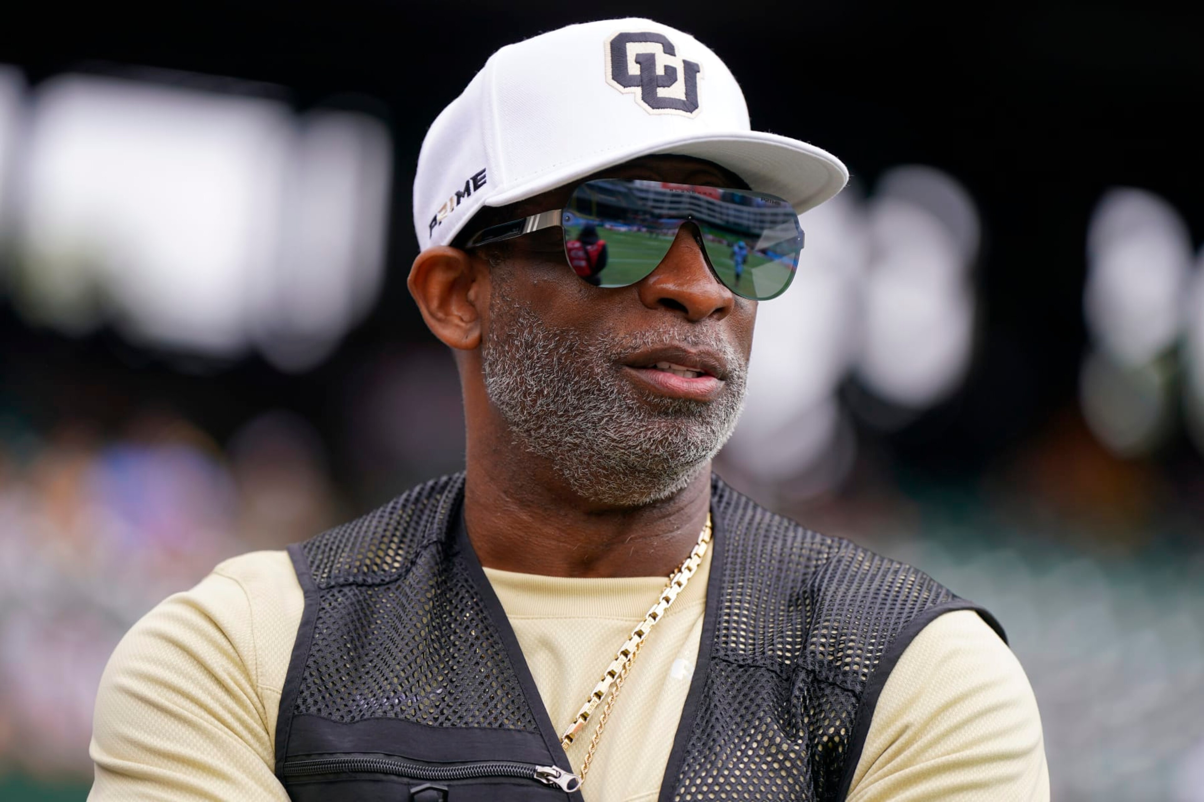 ARLINGTON, TEXAS - MARCH 30: Former NFL player and Colorado Buffalos head coach Deion Sanders looks on prior to a game between the Arlington Renegades and Birmingham Stallions at Choctaw Stadium on March 30, 2024 in Arlington, Texas. (Photo by Sam Hodde/UFL/Getty Images)
