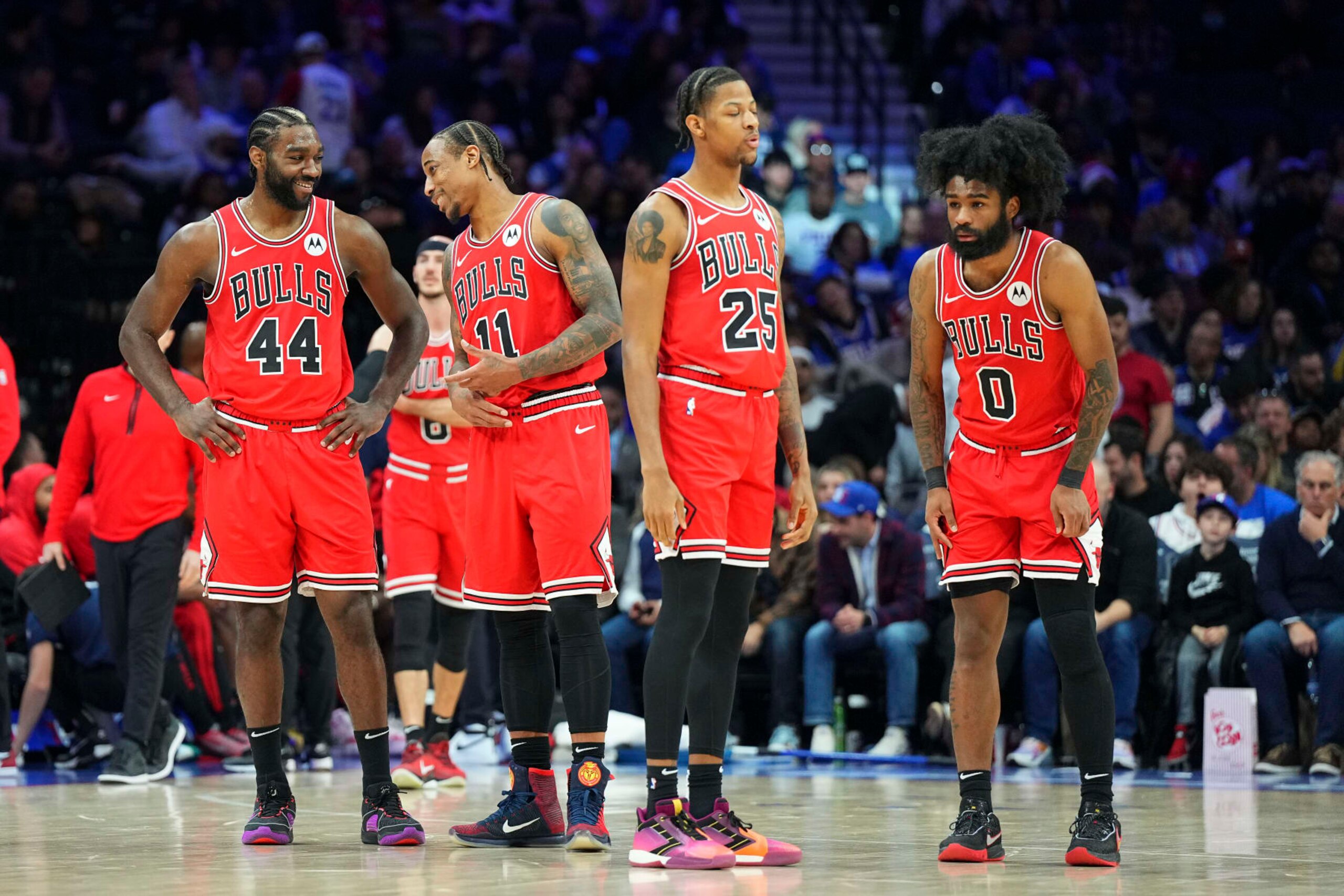 PHILADELPHIA, PENNSYLVANIA - JANUARY 2: Patrick Williams #44, DeMar DeRozan #11, Dalen Terry #25, and Coby White #0 of the Chicago Bulls look on against the Philadelphia 76ers at the Wells Fargo Center on January 2, 2024 in Philadelphia, Pennsylvania. The 76ers defeated the Bulls 110-97. NOTE TO USER: User expressly acknowledges and agrees that, by downloading and or using this photograph, User is consenting to the terms and conditions of the Getty Images License Agreement. (Photo by Mitchell Leff/Getty Images) PHILADELPHIA, PENNSYLVANIA - JANUARY 2: Patrick Williams #44, DeMar DeRozan #11, Dalen Terry #25, and Coby White #0 of the Chicago Bulls look on against the Philadelphia 76ers at the Wells Fargo Center on January 2, 2024 in Philadelphia, Pennsylvania. The 76ers defeated the Bulls 110-97. NOTE TO USER: User expressly acknowledges and agrees that, by downloading and or using this photograph, User is consenting to the terms and conditions of the Getty Images License Agreement. (Photo by Mitchell Leff/Getty Images)