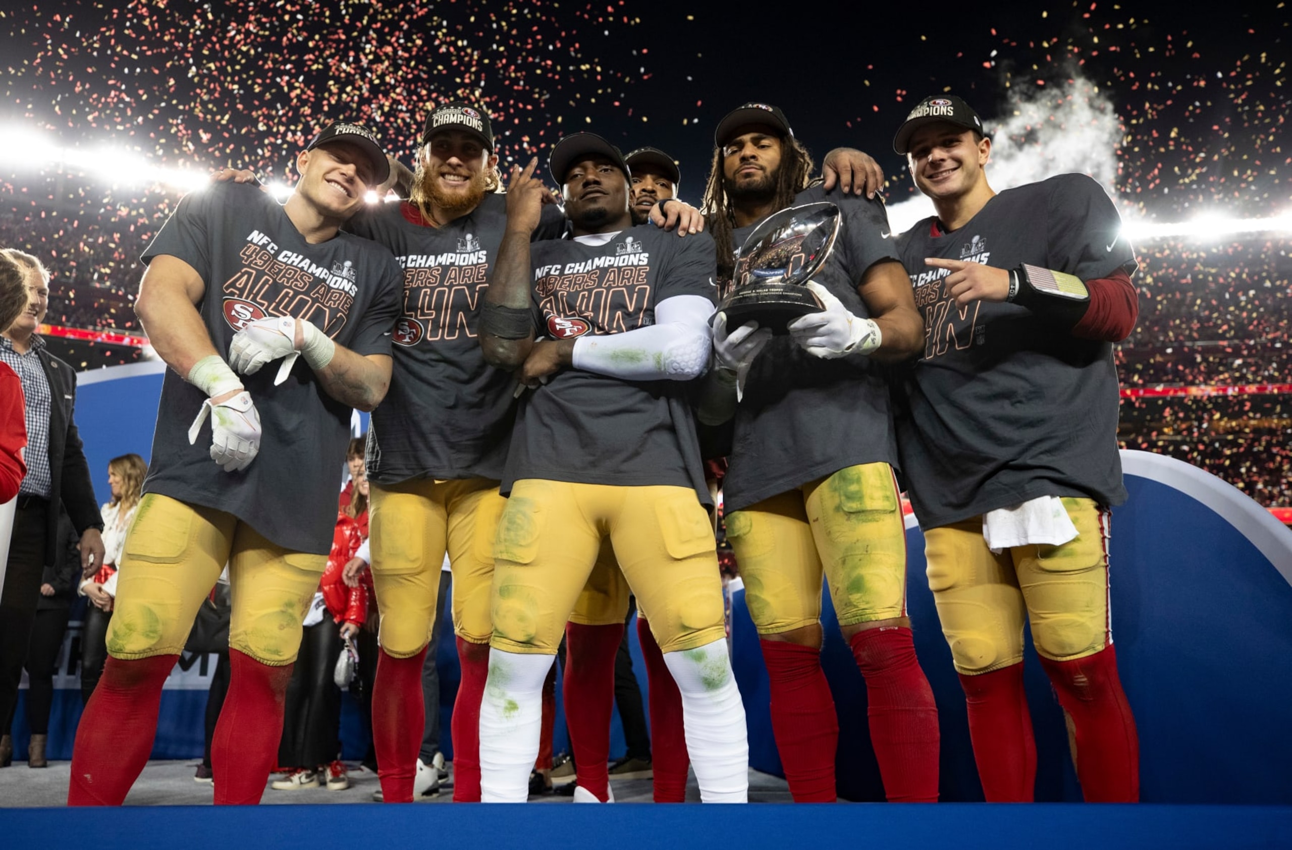 SANTA CLARA, CA - JANUARY 28: Christian McCaffrey #23, George Kittle #85, Deebo Samuel #19, Trent Williams #71, Fred Warner #54 and Brock Purdy #13 of the San Francisco 49ers celebrate after the NFC Championship game against the Detroit Lions at Levi's Stadium on January 28, 2024 in Santa Clara, California. The 49ers defeated the Lions 34-31. (Photo by Michael Zagaris/San Francisco 49ers/Getty Images)