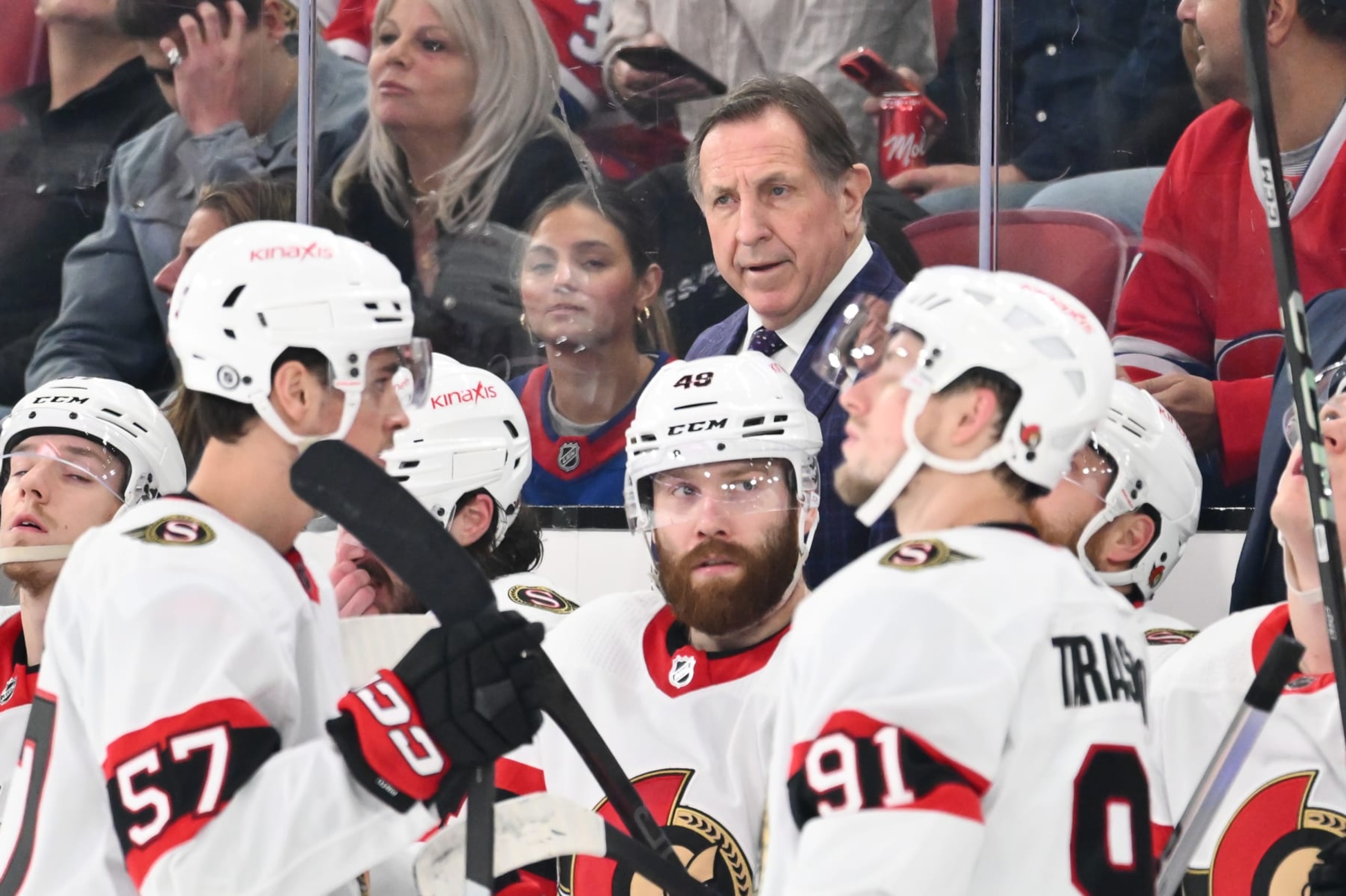 MONTREAL, CANADA - JANUARY 23:  Interim head coach of the Ottawa Senators Jacques Martin, handles bench duties during the first period against the Montreal Canadiens at the Bell Centre on January 23, 2024 in Montreal, Quebec, Canada.  The Ottawa Senators defeated the Montreal Canadiens 4-1.  (Photo by Minas Panagiotakis/Getty Images)
