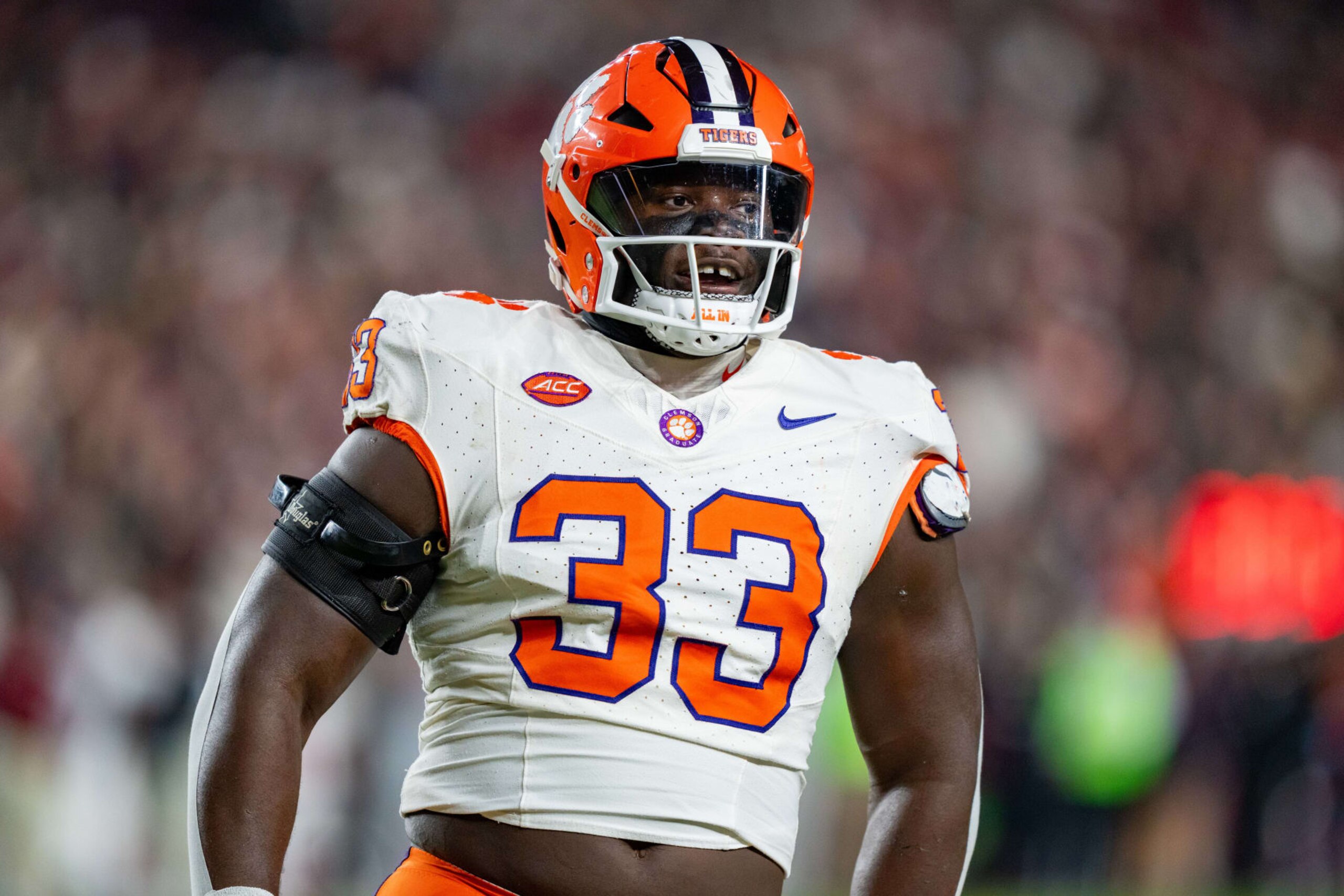 COLUMBIA, SOUTH CAROLINA - NOVEMBER 25: Ruke Orhorhoro #33 of the Clemson Tigers reacts during their game against the South Carolina Gamecocks at Williams-Brice Stadium on November 25, 2023 in Columbia, South Carolina. (Photo by Jacob Kupferman/Getty Images)