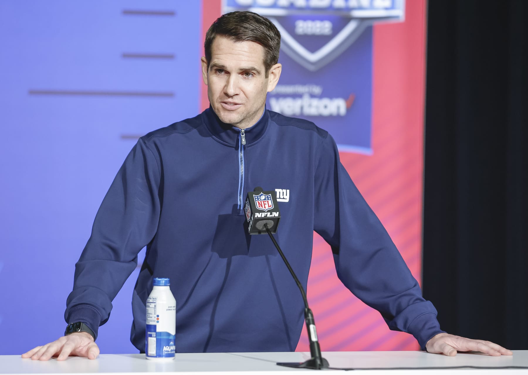 INDIANAPOLIS, IN - MAR 01: Joe Schoen, general manager of the New York Giants speaks to reporters during the NFL Draft Combine at the Indiana Convention Center on March 1, 2022 in Indianapolis, Indiana. (Photo by Michael Hickey/Getty Images)