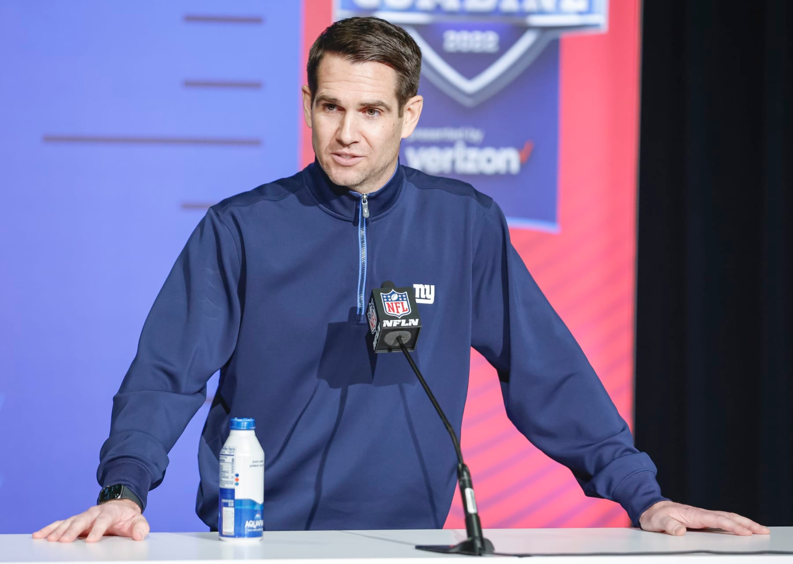 INDIANAPOLIS, IN - MAR 01: Joe Schoen, general manager of the New York Giants speaks to reporters during the NFL Draft Combine at the Indiana Convention Center on March 1, 2022 in Indianapolis, Indiana. (Photo by Michael Hickey/Getty Images)