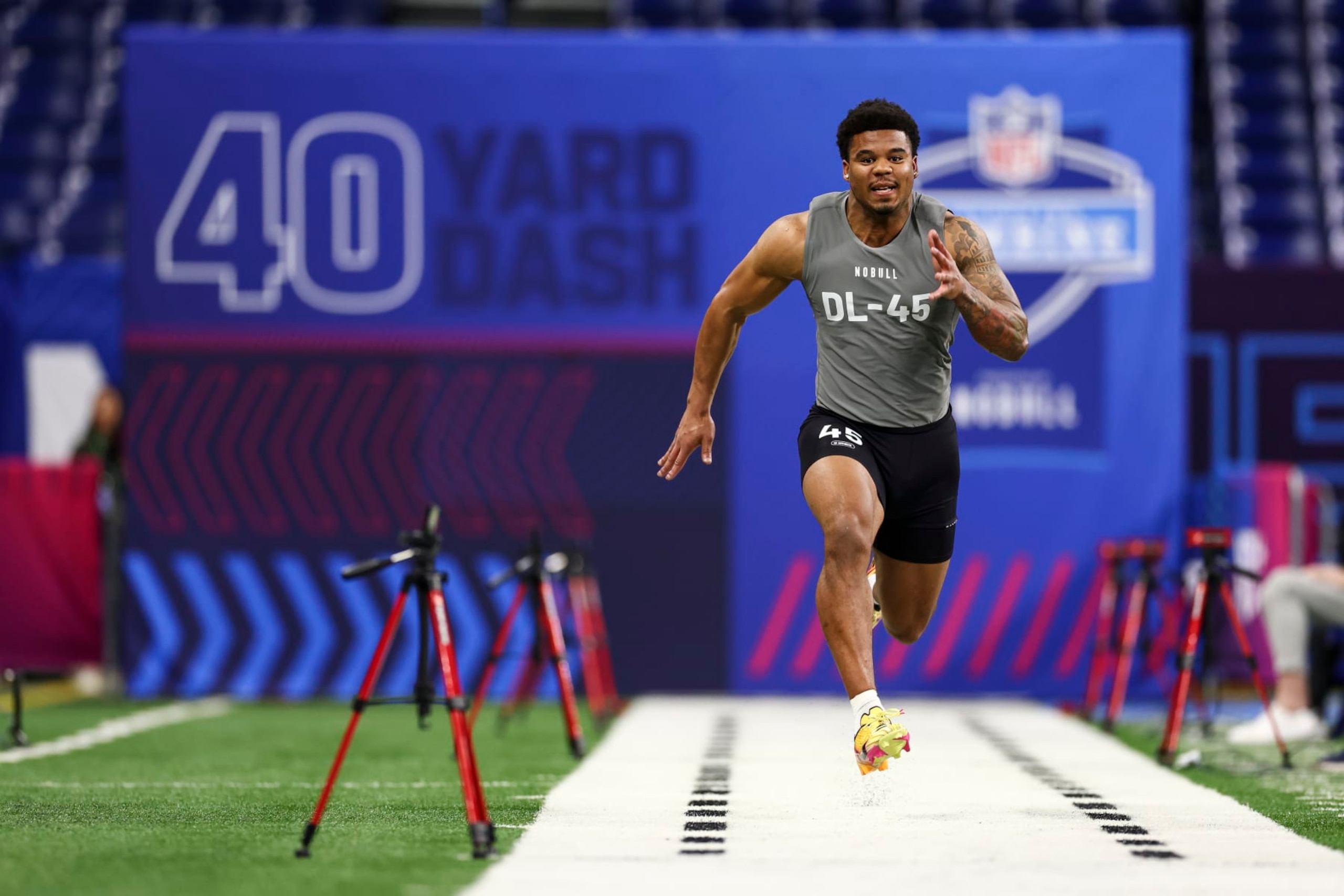 INDIANAPOLIS, INDIANA - FEBRUARY 29: Chop Robinson #DL45 of Penn State runs the the 40-yard dash during the NFL Combine at Lucas Oil Stadium on February 29, 2024 in Indianapolis, Indiana. (Photo by Kevin Sabitus/Getty Images) INDIANAPOLIS, INDIANA - FEBRUARY 29: Chop Robinson #DL45 of Penn State runs the the 40-yard dash during the NFL Combine at Lucas Oil Stadium on February 29, 2024 in Indianapolis, Indiana. (Photo by Kevin Sabitus/Getty Images)