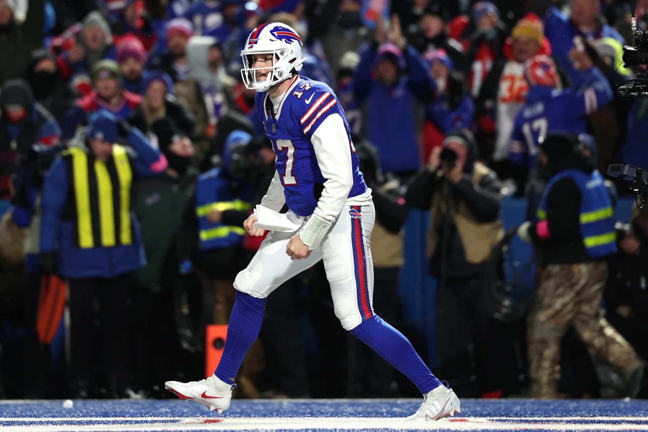 ORCHARD PARK, NEW YORK - JANUARY 21: Josh Allen #17 of the Buffalo Bills celebrates after scoring a touchdown against the Kansas City Chiefs during the second quarter in the AFC Divisional Playoff game at Highmark Stadium on January 21, 2024 in Orchard Park, New York. (Photo by Al Bello/Getty Images) ORCHARD PARK, NEW YORK - JANUARY 21: Josh Allen #17 of the Buffalo Bills celebrates after scoring a touchdown against the Kansas City Chiefs during the second quarter in the AFC Divisional Playoff game at Highmark Stadium on January 21, 2024 in Orchard Park, New York. (Photo by Al Bello/Getty Images)