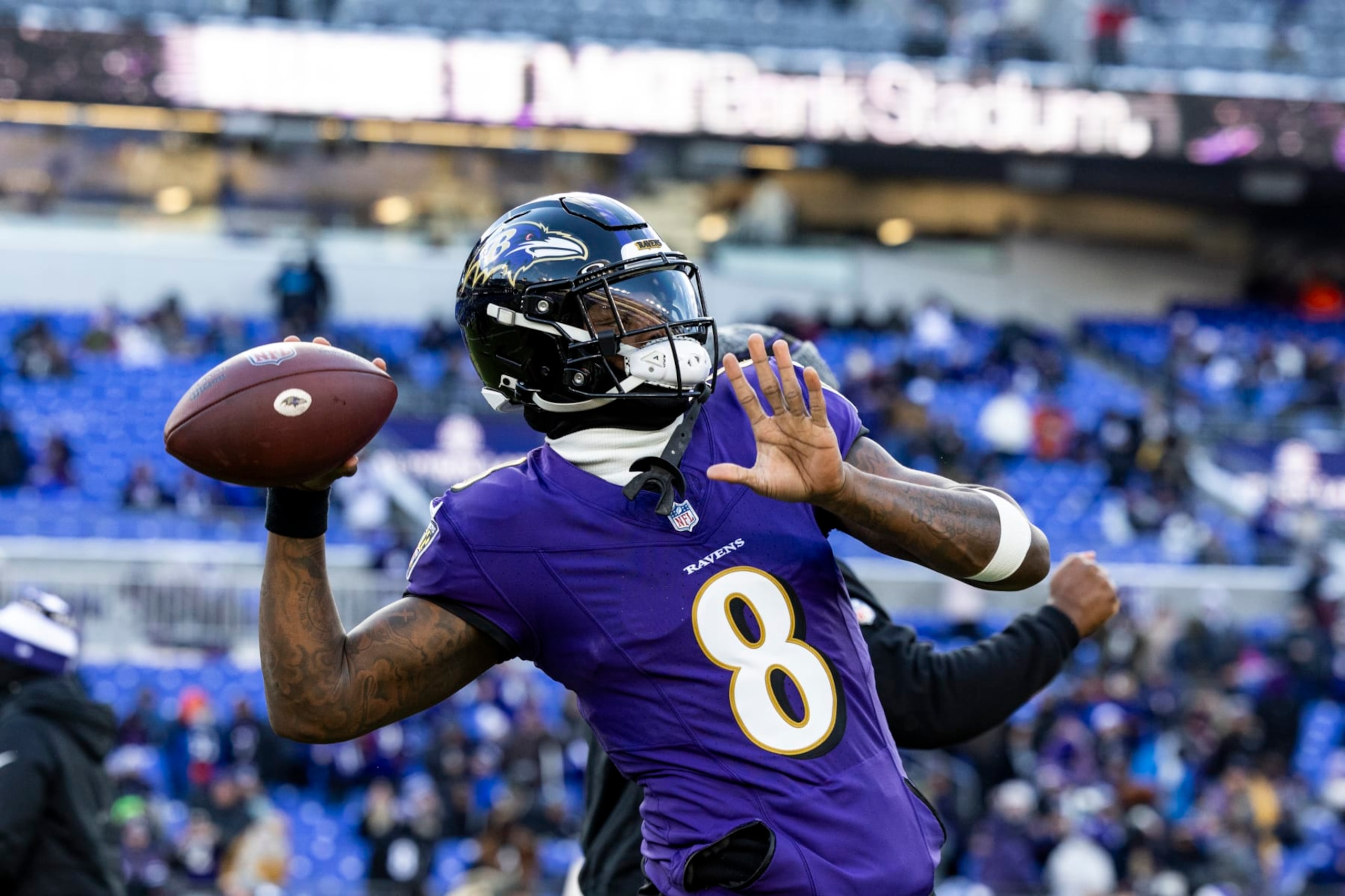 BALTIMORE, MARYLAND - JANUARY 20: Lamar Jackson #8 of the Baltimore Ravens warms up before the game against the Houston Texans at M&T Bank Stadium on January 20, 2024 in Baltimore, Maryland. The Ravens beat the Texans 34-10. (Photo by Lauren Leigh Bacho/Getty Images) BALTIMORE, MARYLAND - JANUARY 20: Lamar Jackson #8 of the Baltimore Ravens warms up before the game against the Houston Texans at M&T Bank Stadium on January 20, 2024 in Baltimore, Maryland. The Ravens beat the Texans 34-10. (Photo by Lauren Leigh Bacho/Getty Images)