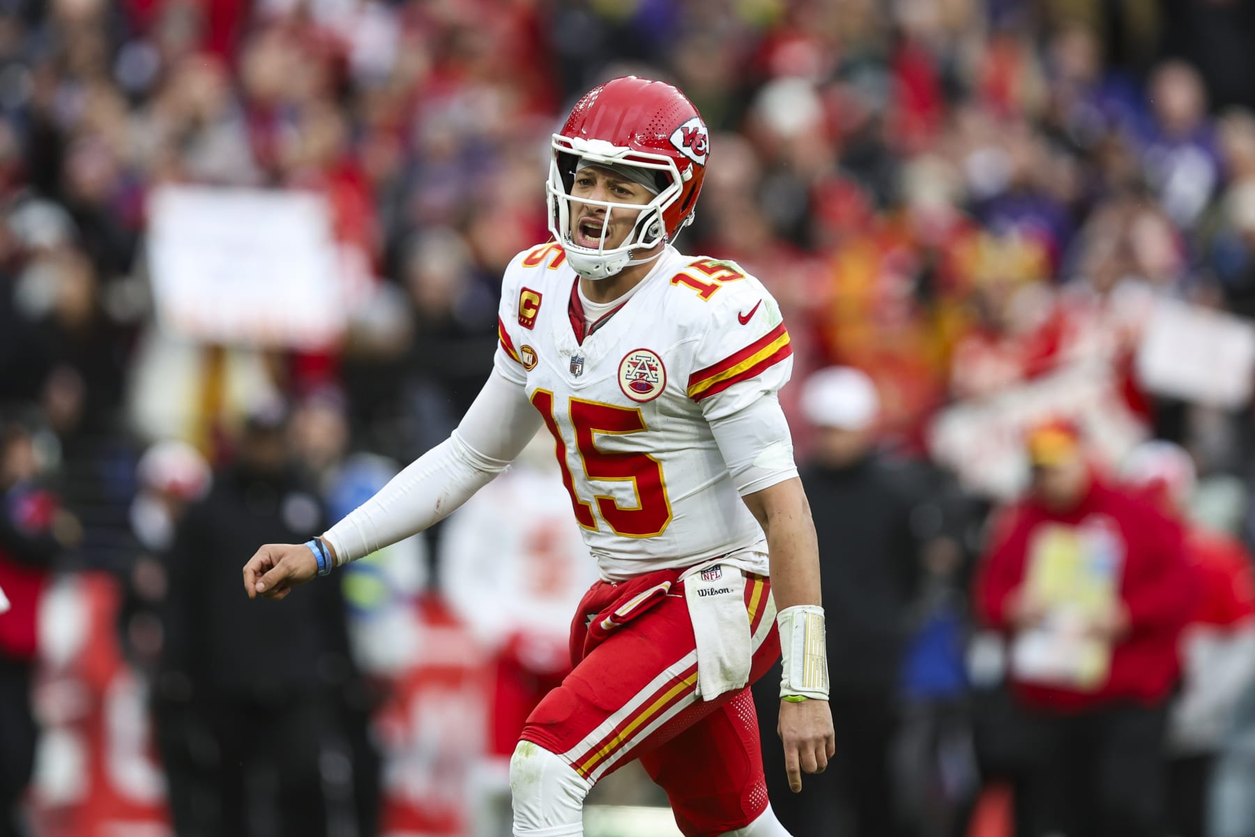 BALTIMORE, MD - JANUARY 28: Patrick Mahomes #15 of the Kansas City Chiefs celebrates during the AFC Championship NFL football game against the Baltimore Ravens at M&T Bank Stadium on January 28, 2024 in Baltimore, Maryland. (Photo by Perry Knotts/Getty Images)